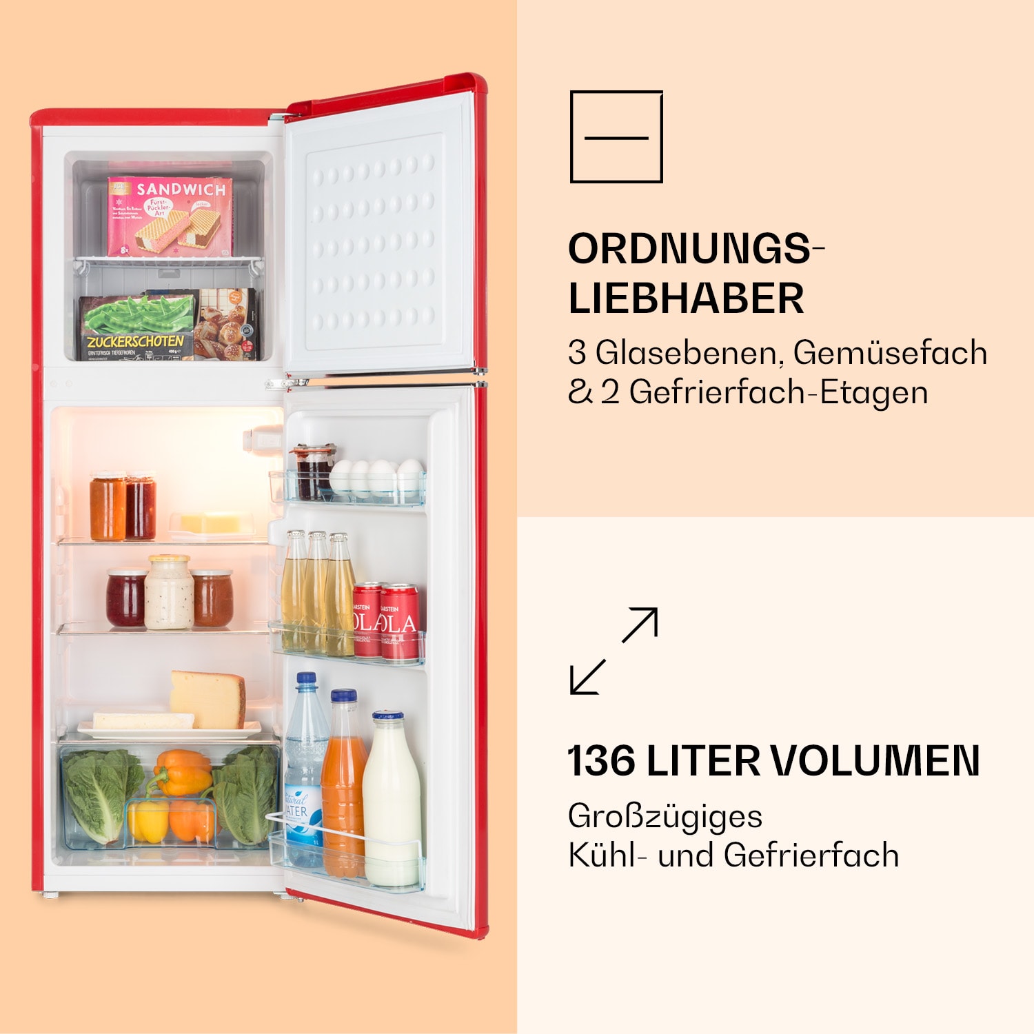 Audrey Kühl- & Gefrierkombination 97l/39l Retro-Look 2 Böden 97 + 39 L | Rot