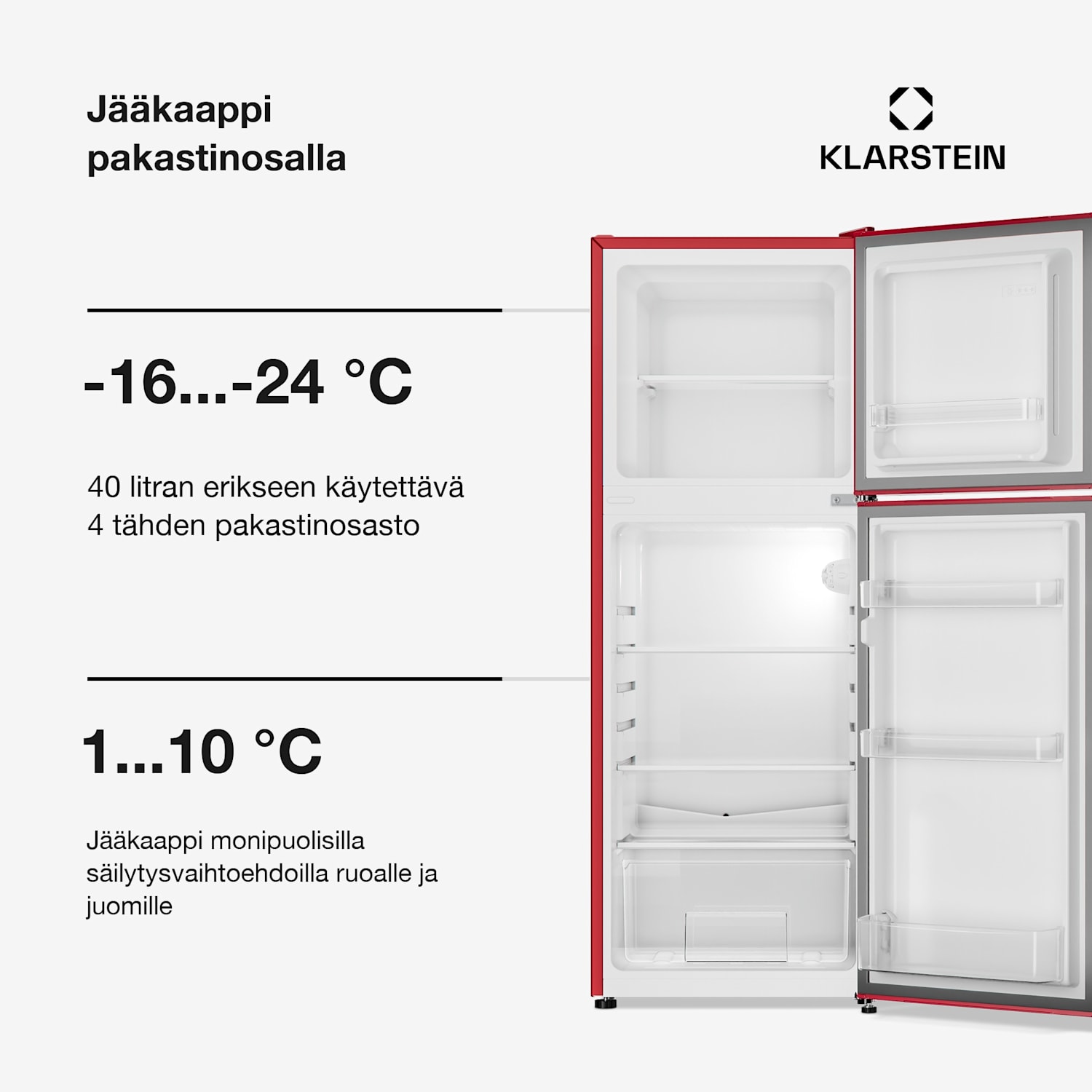 Audrey jääkaappipakastin 98 l/40 l retrolook 2 tasoa 97 + 39 L | Punainen