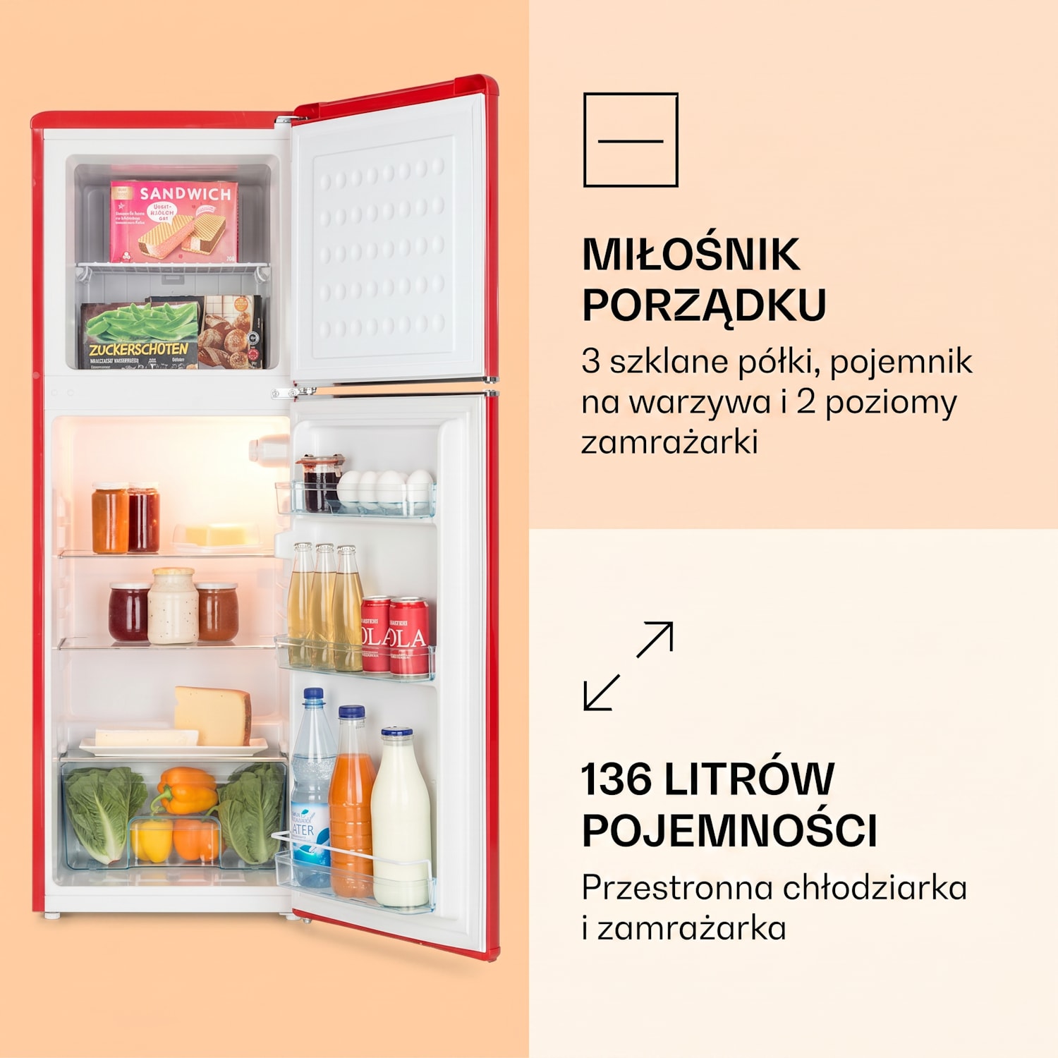 Audrey, lodówko-zamrażarka, lodówka z zamrażarką, 97 l/39 l, 2 półki, wygląd retro 97 + 39 L | Czerwony