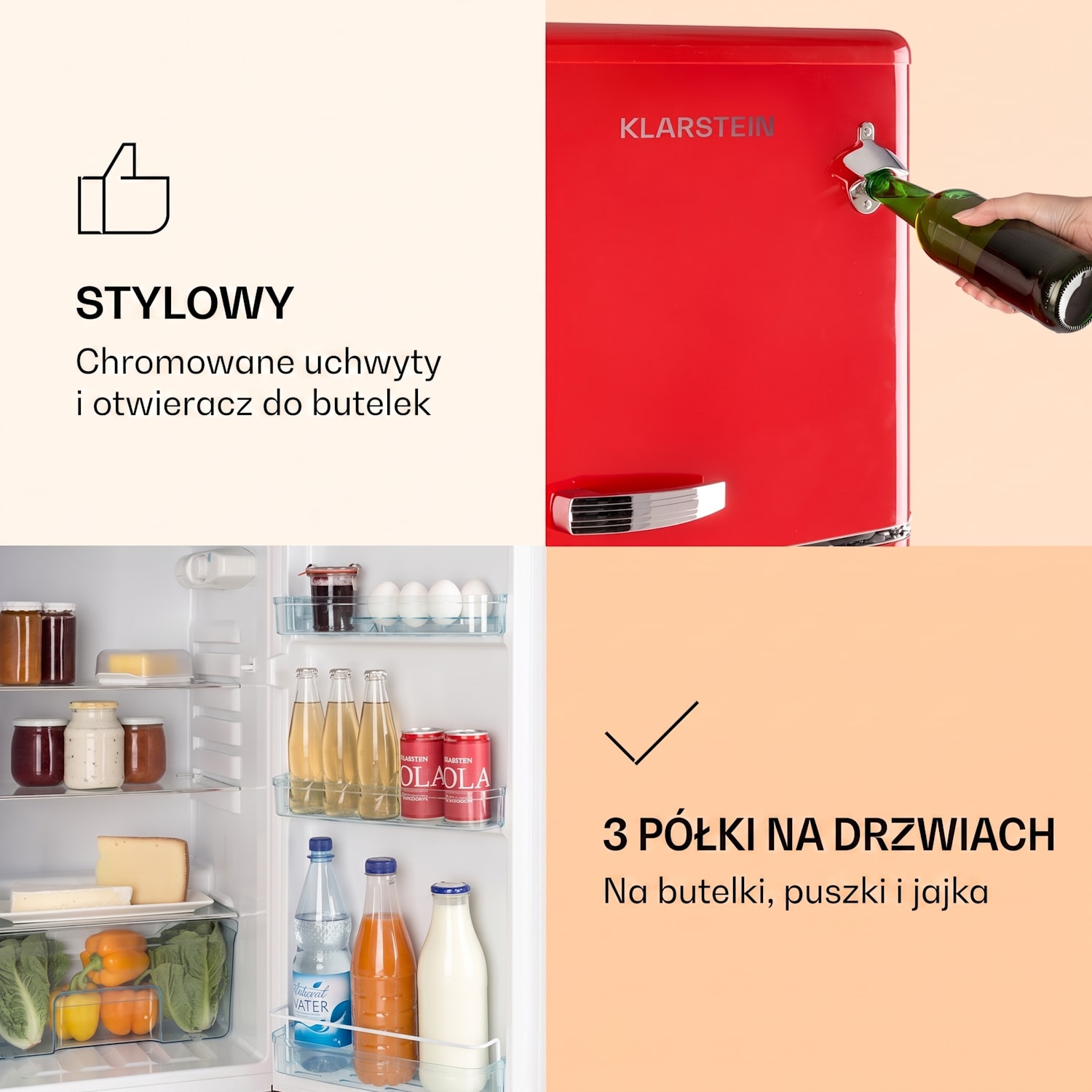 Audrey, lodówko-zamrażarka, lodówka z zamrażarką, 97 l/39 l, 2 półki, wygląd retro 97 + 39 L | Czerwony