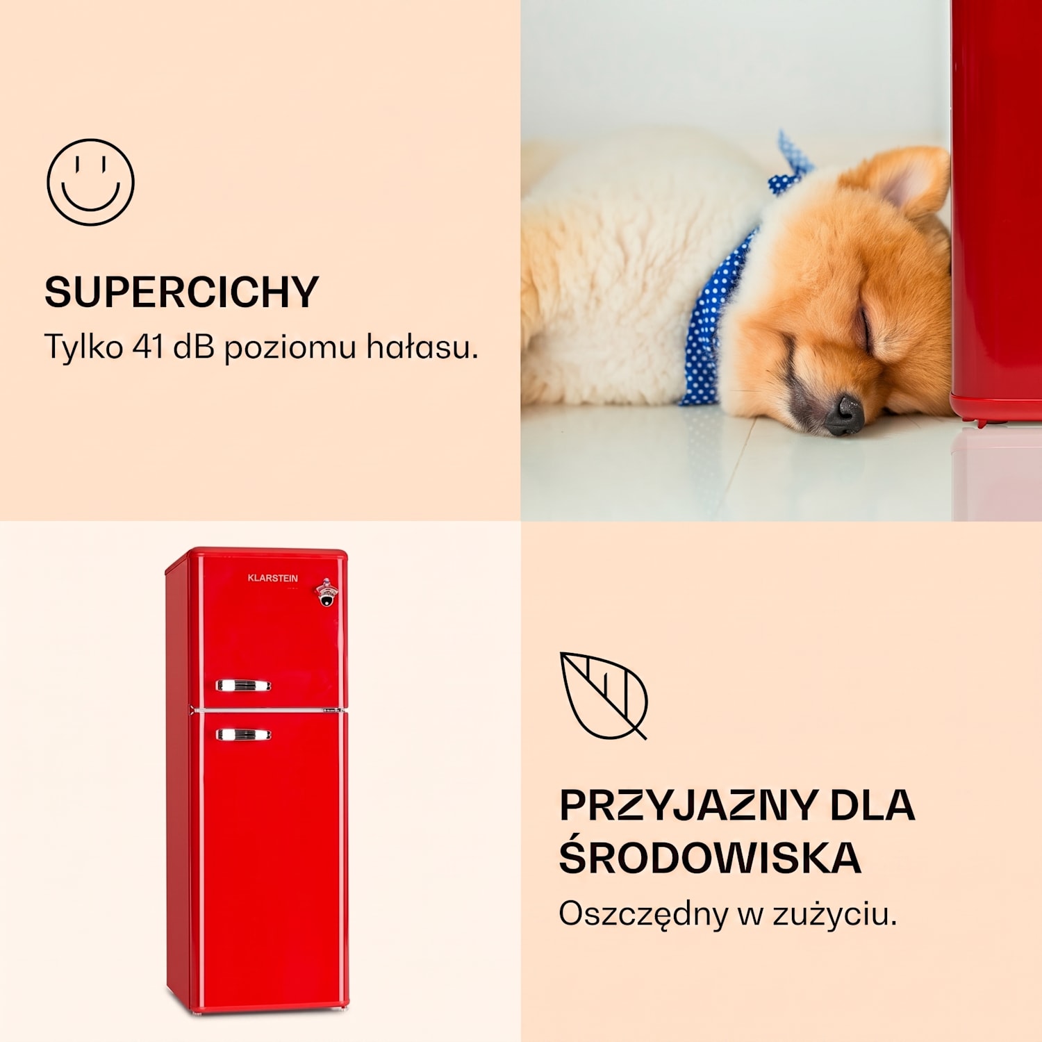 Audrey, lodówko-zamrażarka, lodówka z zamrażarką, 97 l/39 l, 2 półki, wygląd retro 97 + 39 L | Czerwony