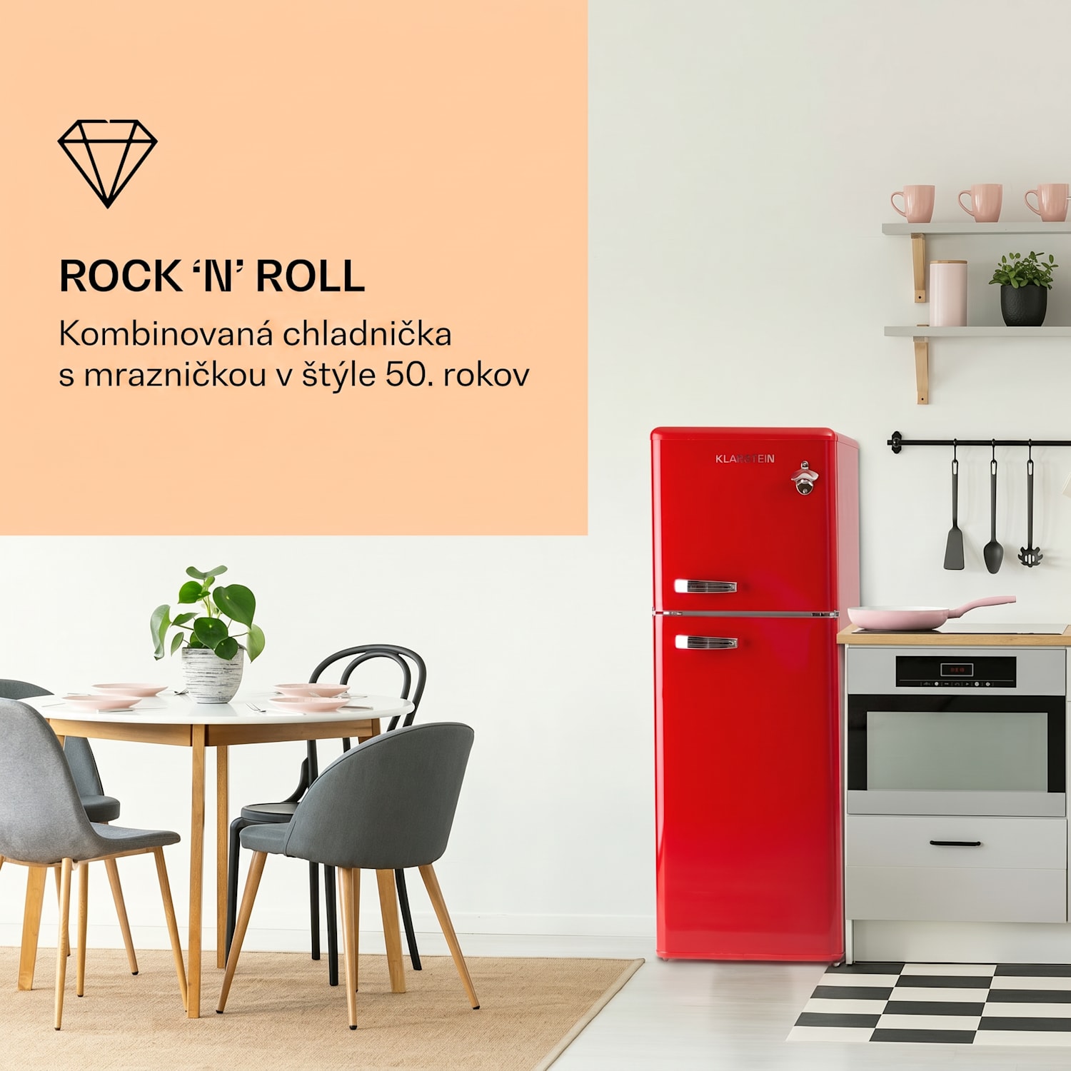 Audrey, kombinovaná chladnička s mrazničkou, 97l/39l, Retro-Look, 2 úrovne 97 + 39 L | Červená