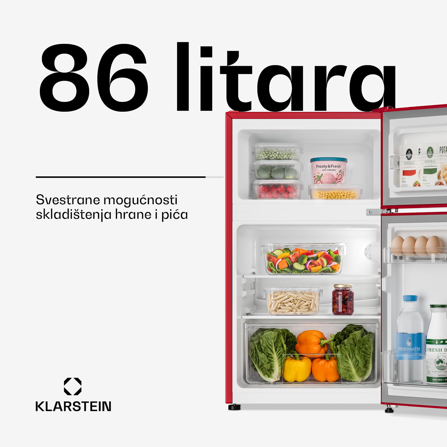 Irene, retro hladnjak sa zamrzivačem, 61 l hladnjak, 25 l zamrzivač, crveni Crvena