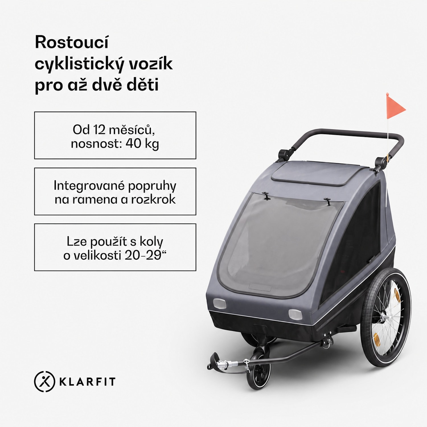 GoKiddo, přívěs na kolo, skládací, integrované brzdy, rostoucí, pro 2 děti 