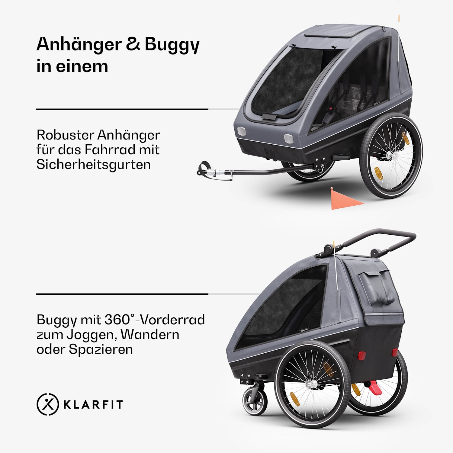 GoKiddo Fahrradanhänger Anhänger/Buggy klappbar integrierte Bremsen mitwachsend für 2 Kinder 