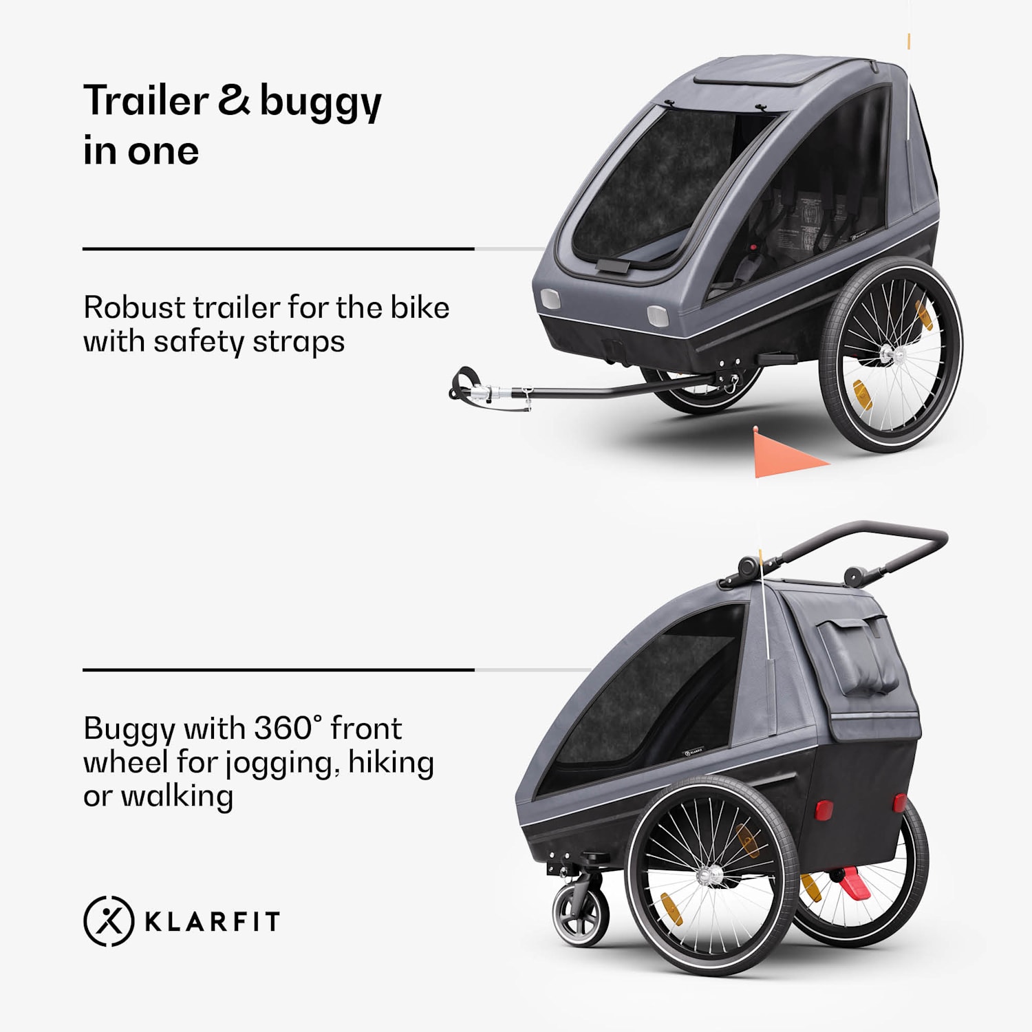 GoKiddo, kerékpár utánfutó, összecsukható, integrált fék, növekvő, 2 gyermek számára 