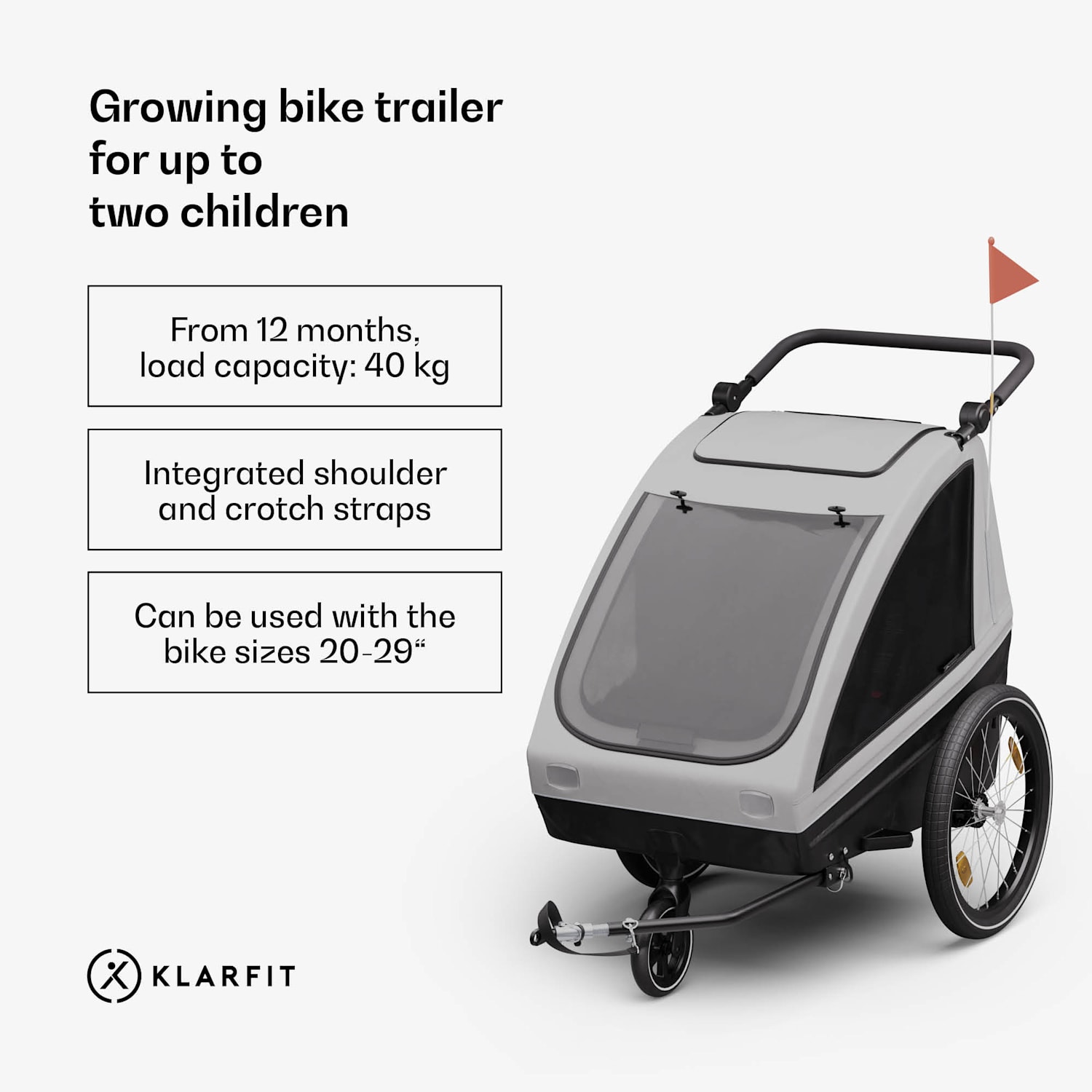 GoKiddo, kerékpár utánfutó, összecsukható, integrált fék, növekvő, 2 gyermek számára 