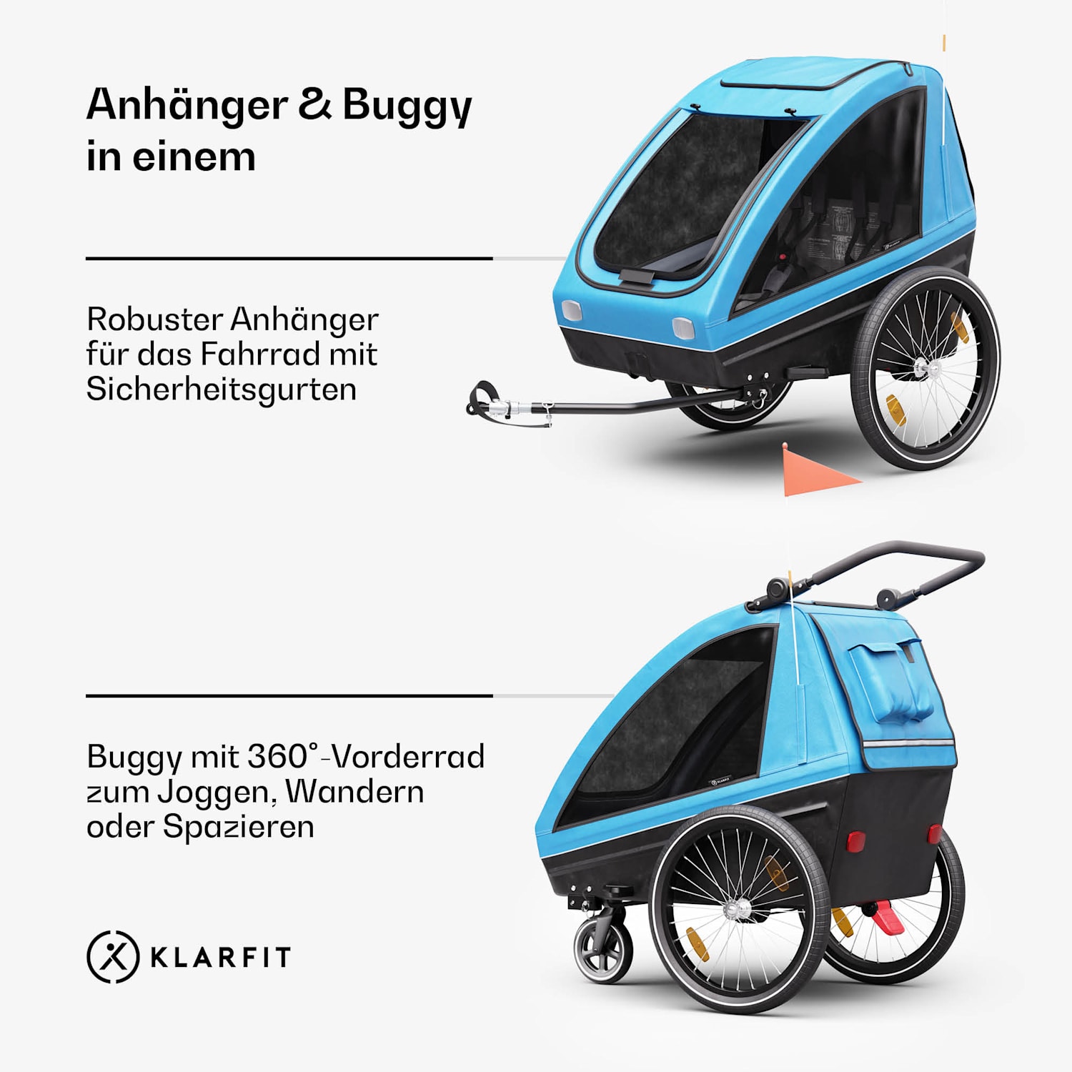 GoKiddo Fahrradanhänger Anhänger/Buggy klappbar integrierte Bremsen mitwachsend für 2 Kinder 