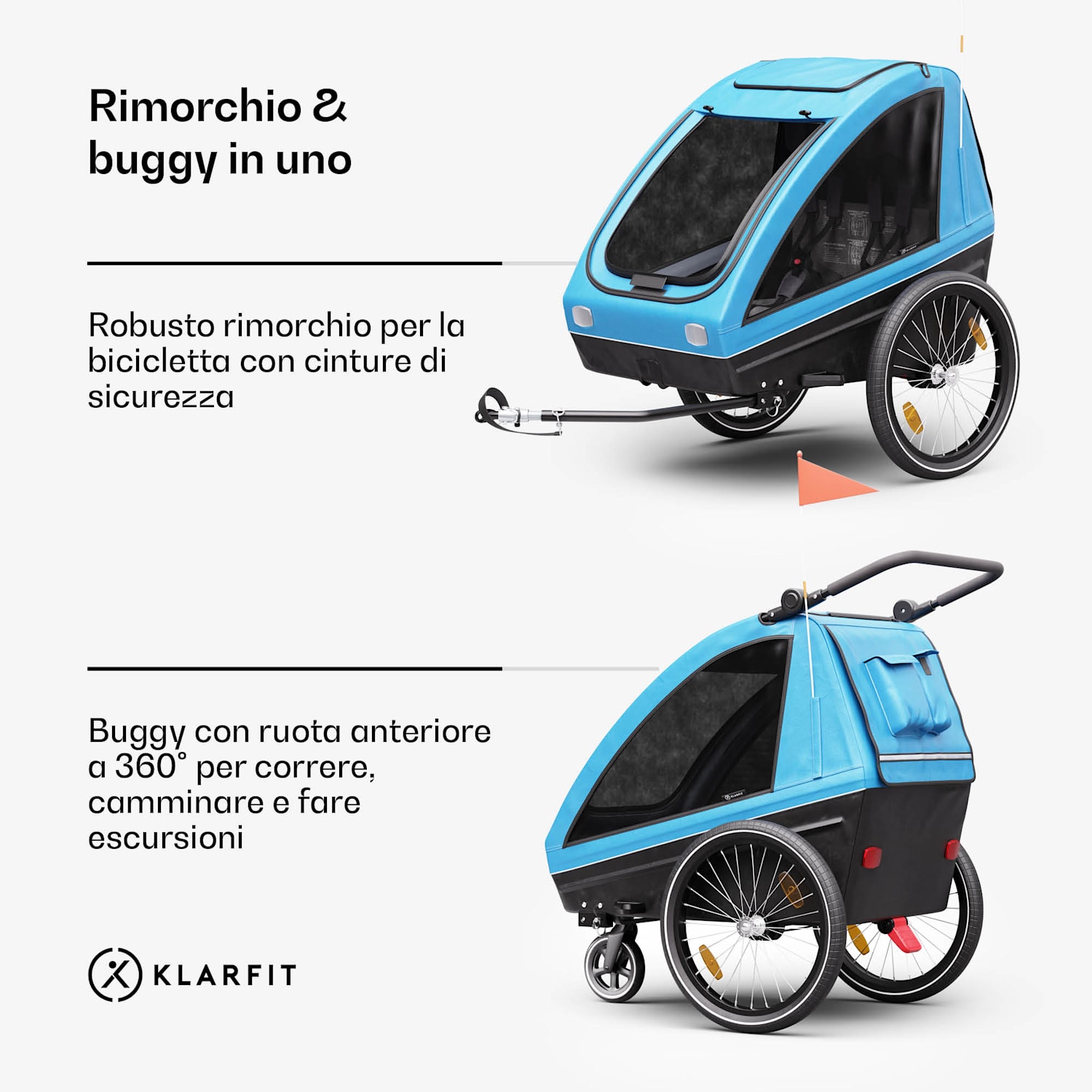 GoKiddo - Rimorchio per bicicletta/buggy pieghevole con freni integrati, regolabile, per 2 bambini 