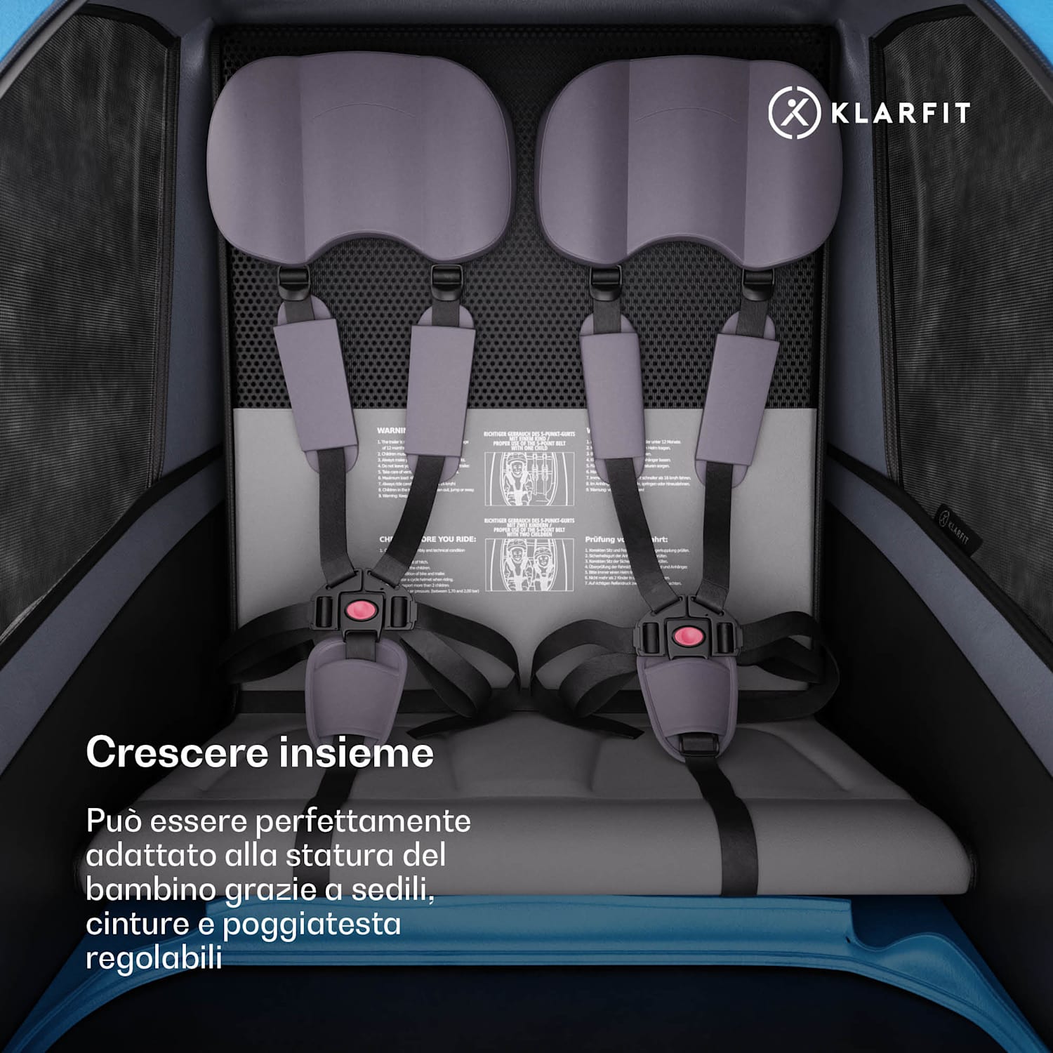 GoKiddo - Rimorchio per bicicletta/buggy pieghevole con freni integrati, regolabile, per 2 bambini 