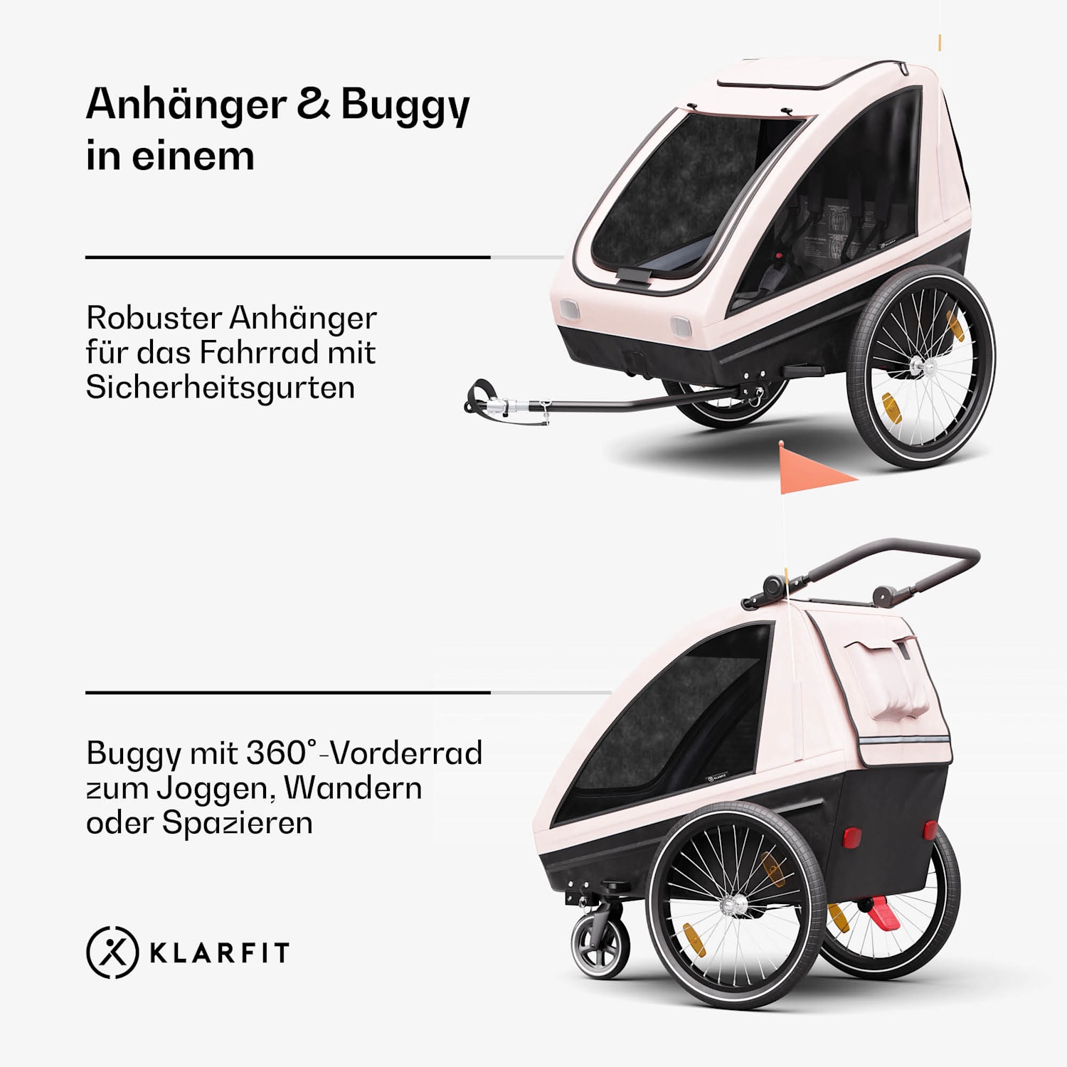 GoKiddo Fahrradanhänger Anhänger/Buggy klappbar integrierte Bremsen mitwachsend für 2 Kinder 
