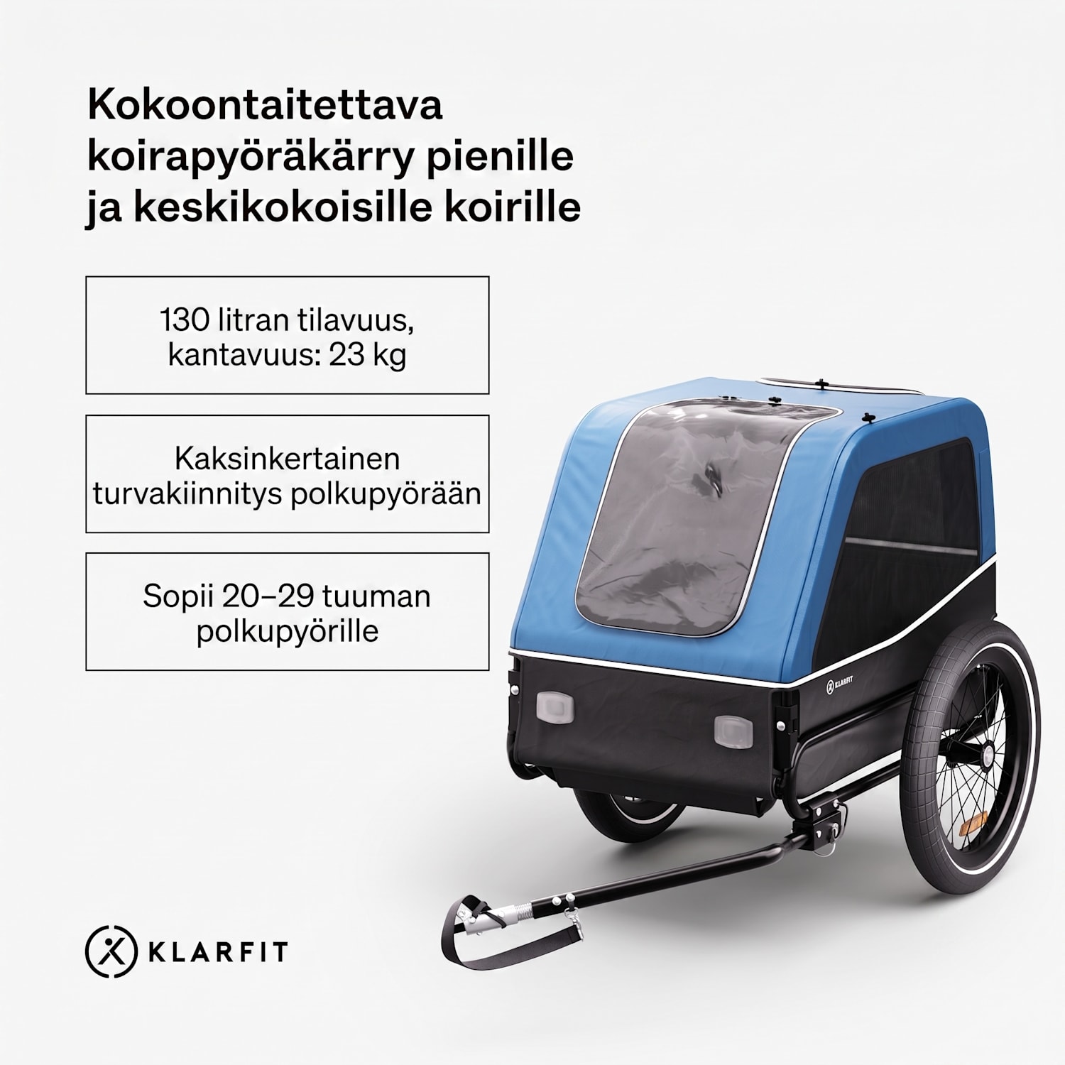 Goldie S koiran peräkärry polkupyörään 130 l pienet/keskikokoiset koirat polyesteri kangasverkko ikkunan suojus Trailer 130L | Sininen