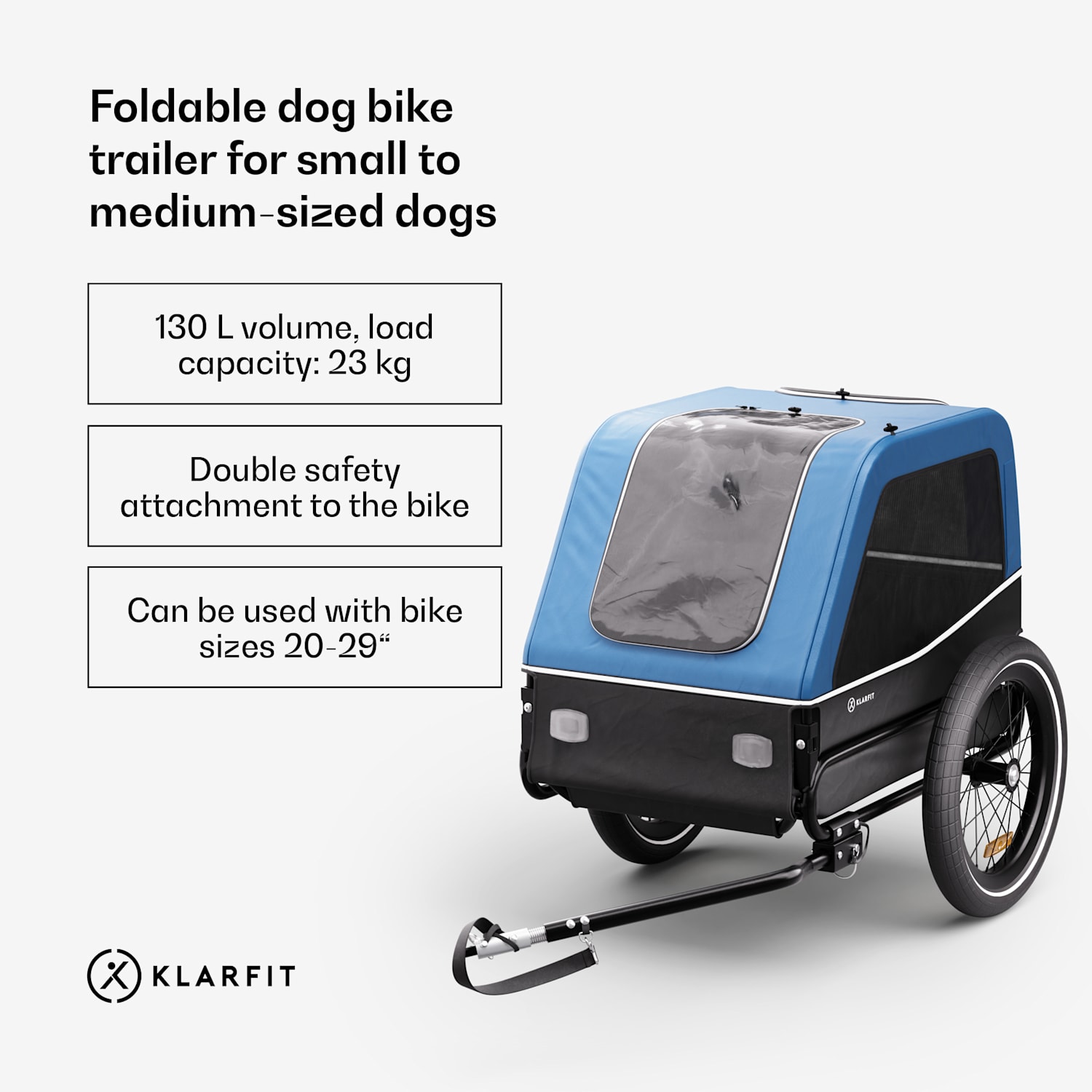 Goldie S, kerékpár utánfutó kutyáknak, 130 l, kis/közepes méretű kutyáknak, poliészter háló, ablakfedelek Trailer 130L | Kék