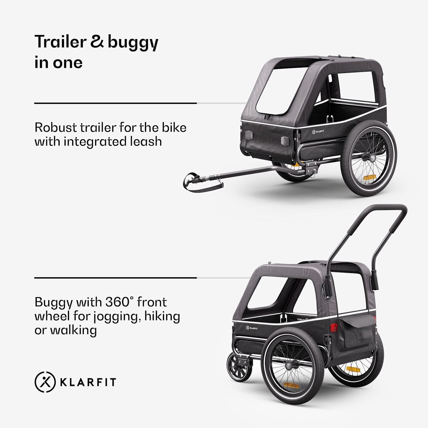 Goldie S Hybrid, kerékpár utánfutó kutyáknak, kis/közepes méretű kutyáknak, poliészter háló Hybrid Trailer & Buggy 130L | Sötét szürke