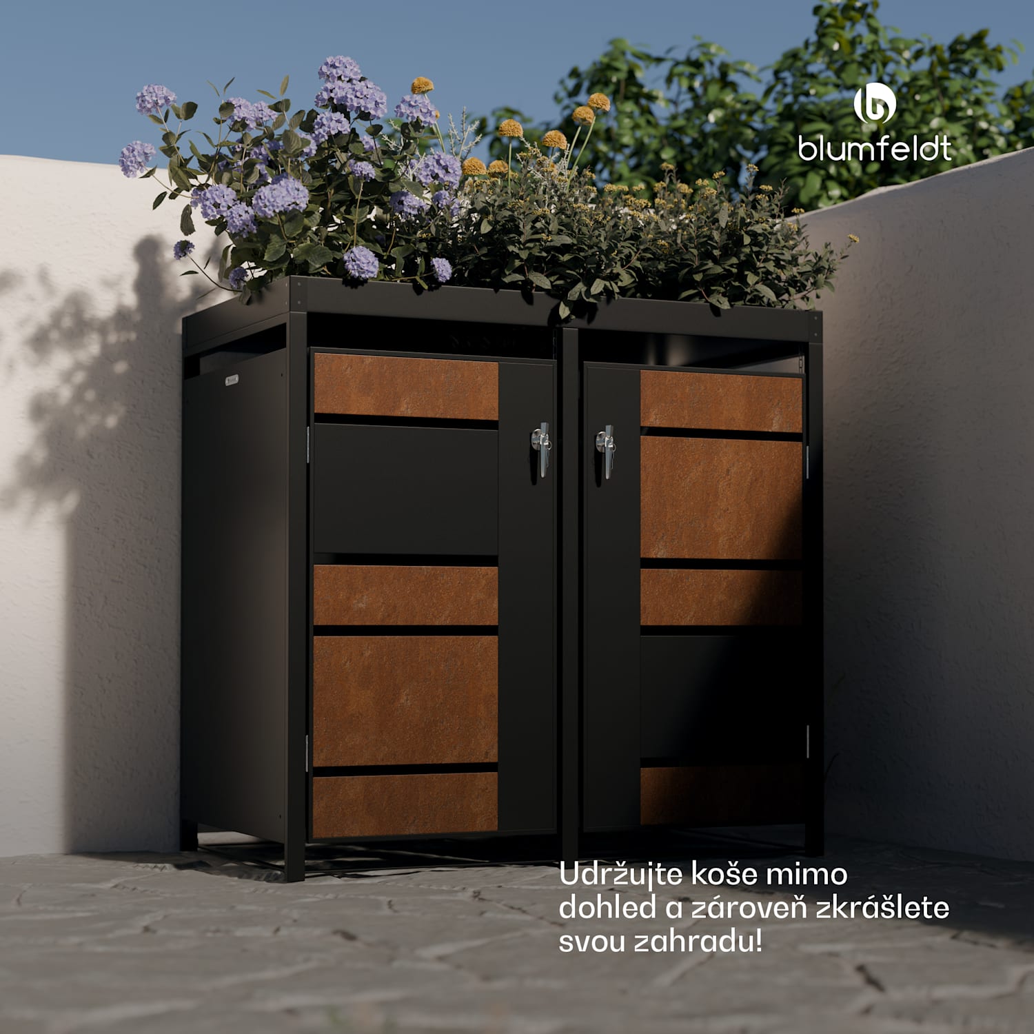 BinSafe, box na odpadky, 2 odpadkové koše, 240 l, uzamykatelný, pozinkovaná ocel odolná vůči povětrnostním vlivům, střecha pro výsadbu 