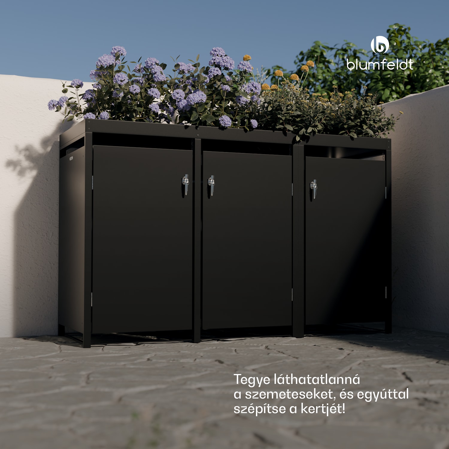 BinSafe, szemétkosár tároló doboz, 3 szemétkosár, 240 l, zárható, időjárásálló horganyzott acél, beültethető tető 