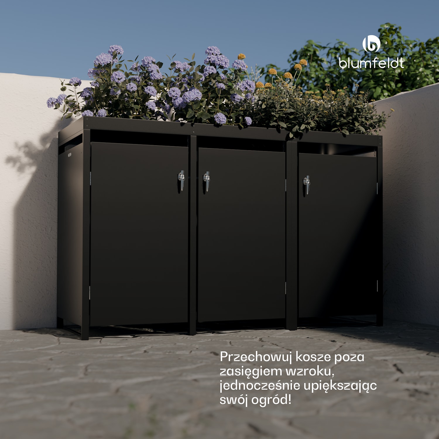 BinSafe, zabudowa na pojemniki na odpady, 3 pojemniki, 240 l, odporna na warunki atmosferyczne, możliwość sadzenia roślin, zamykana na klucz, stal ocynkowana 