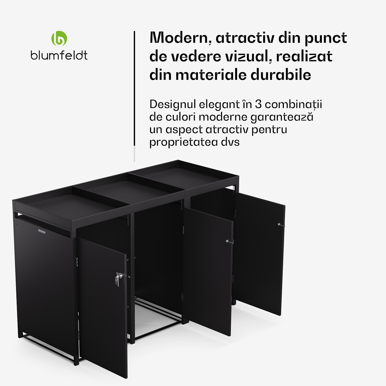 BinSafe, coș de gunoi, 3 coșuri de gunoi, 240 l, cu încuietoare, din oțel galvanizat rezistent la intemperii, acoperiș 