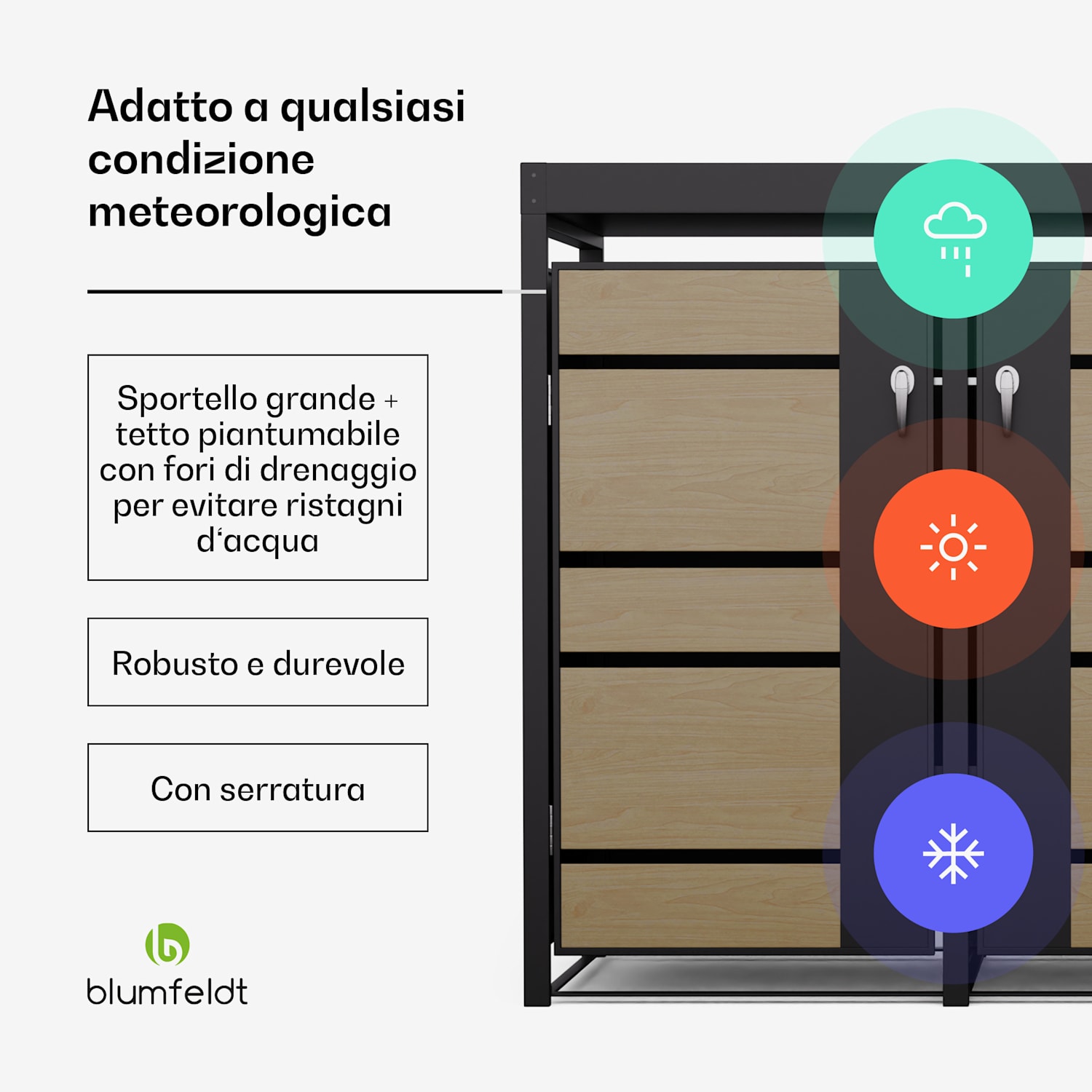 BinSafe - Cassetta per 3 bidoni dei rifiuti 240 L, resistente alle intemperie, con lucchetto, tetto piantumabile, in acciaio galvanizzato 