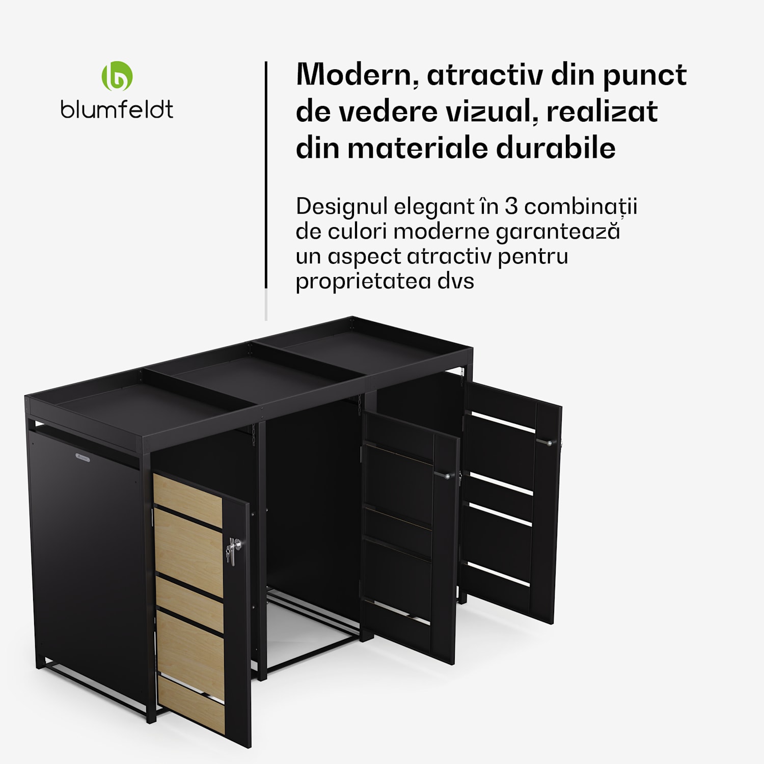 BinSafe, coș de gunoi, 3 coșuri de gunoi, 240 l, cu încuietoare, din oțel galvanizat rezistent la intemperii, acoperiș 