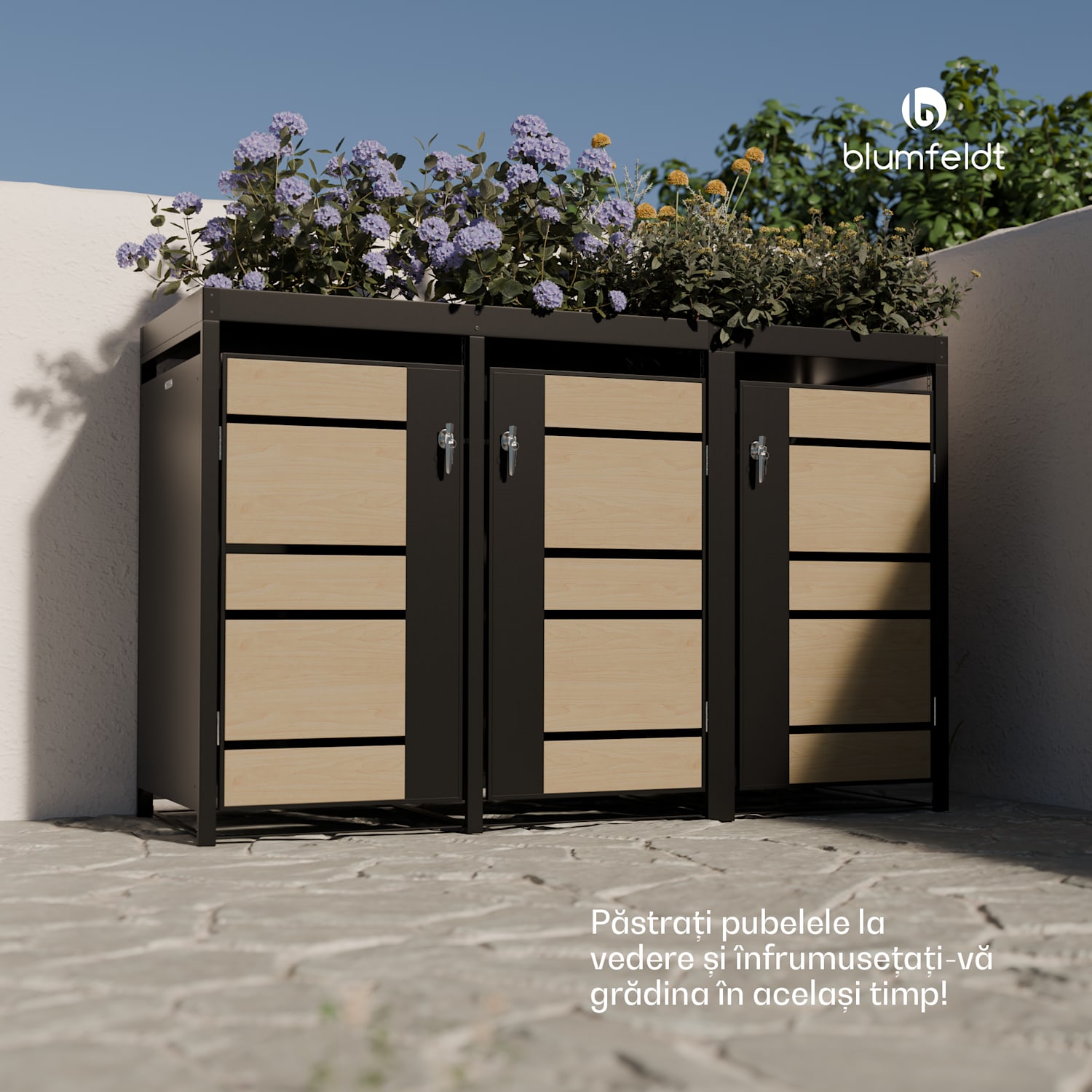 BinSafe, coș de gunoi, 3 coșuri de gunoi, 240 l, cu încuietoare, din oțel galvanizat rezistent la intemperii, acoperiș 