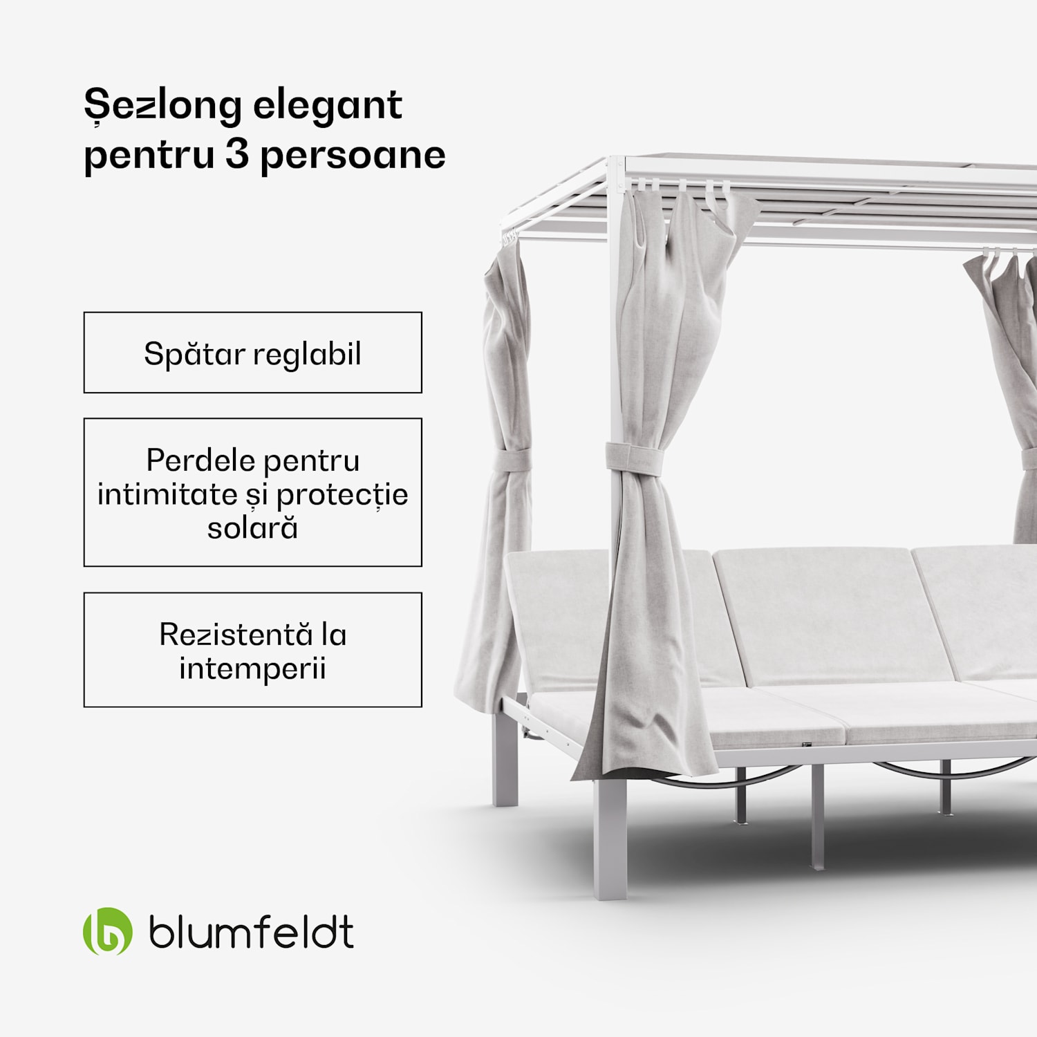 Eremitage Triple șezlong triplu, protecție solară, până la 3 persoane, cadru din aluminiu, rezistent la intemperii 