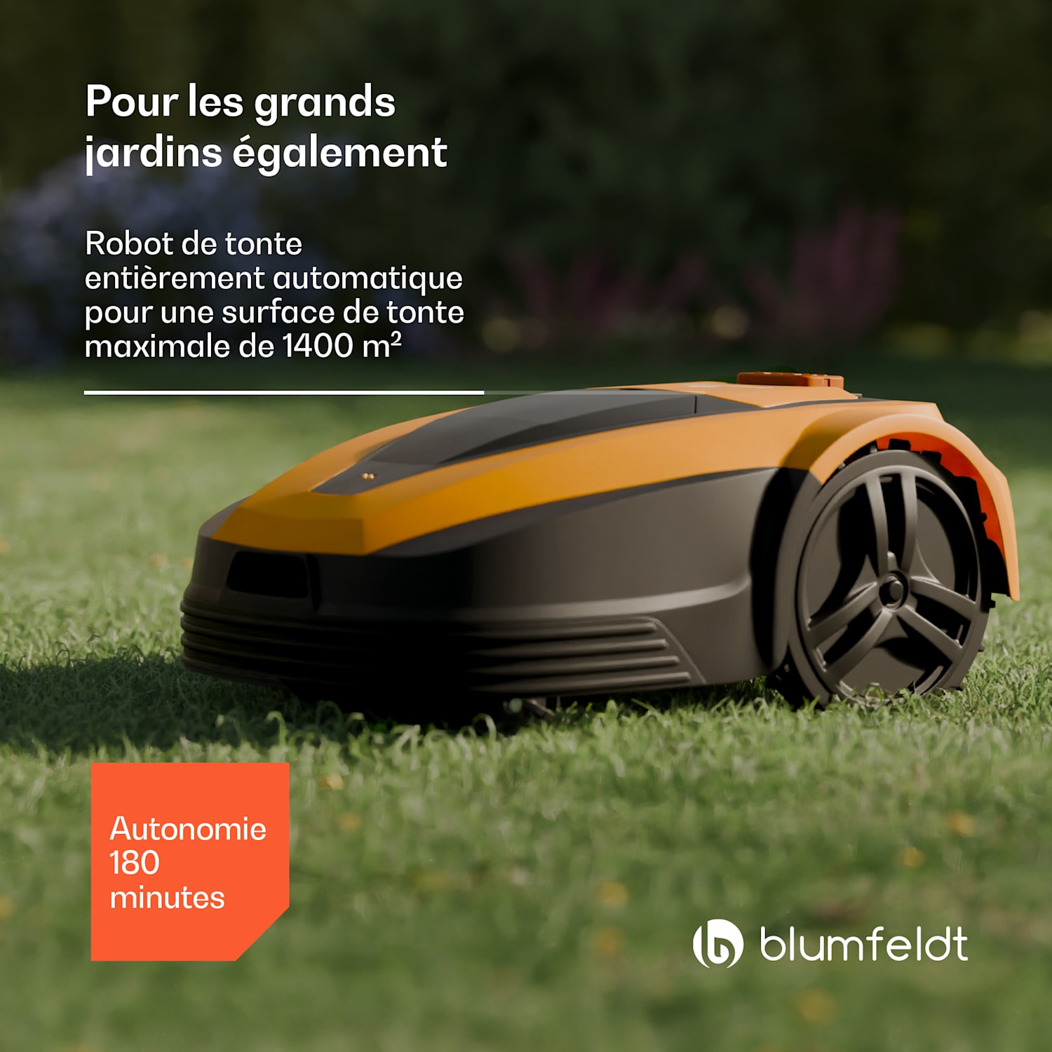 Garden Hero | Robot de tonte intelligent jusqu'à 1400 m² | Autonomie de 3 h | Capteur anti-collision 