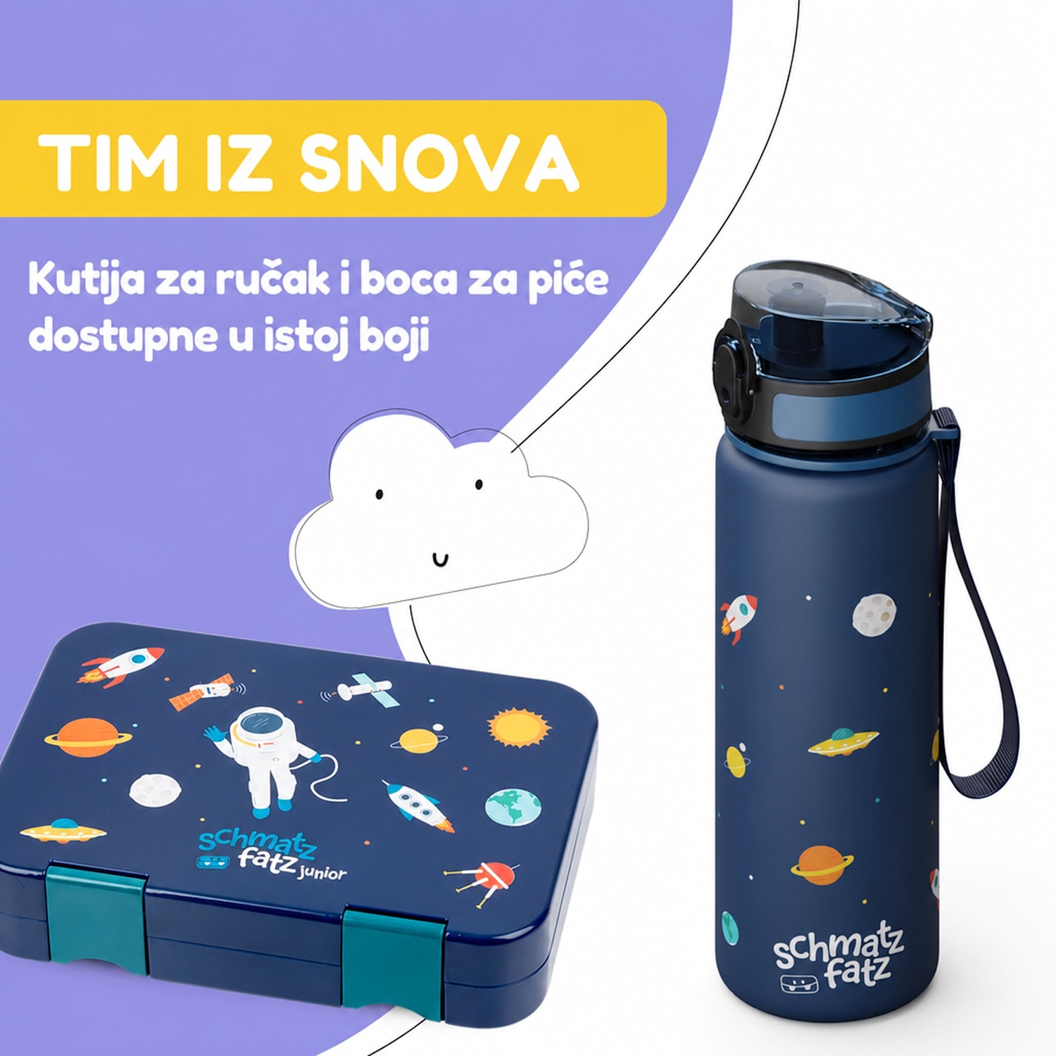schmatzfatz dječja sportska boca za piće 500 ml | Tritan | Plastični vrat | Remen za nošenje | Bez BPA | Poklon pakiranje 500 ml | Navy Space