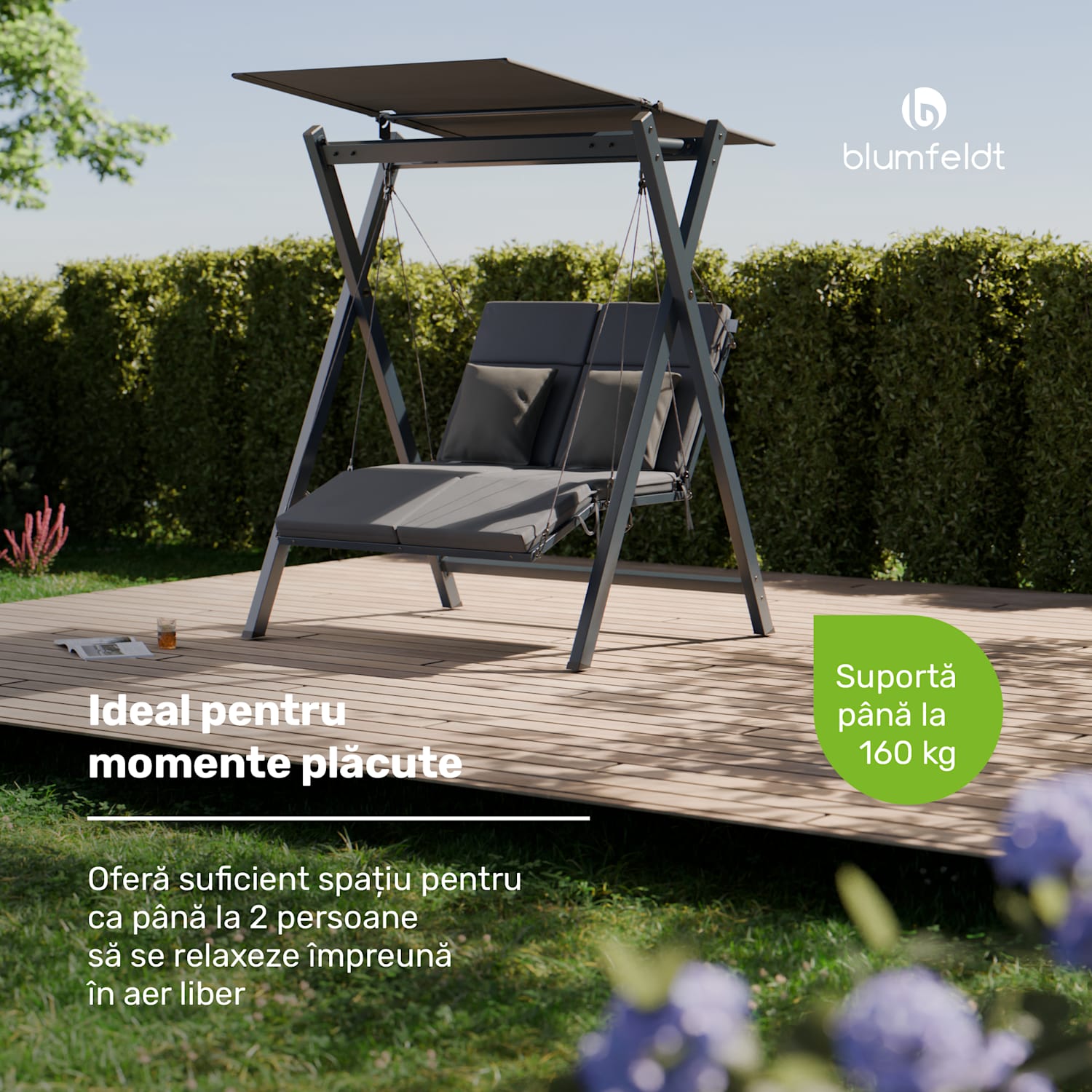 FlexiSwing, în stil Hollywood, cu 2 locuri, spătar reglabil, parasolar pentru soare, rezistent la intemperii 2 locuri | Antracit