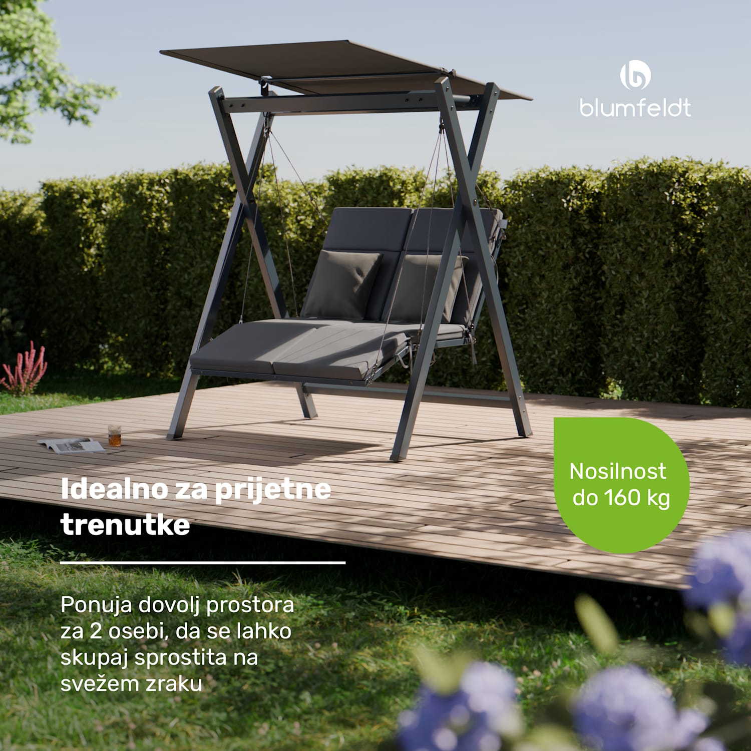 FlexiSwing, hollywoodska gugalnica, dvosedežna, nastavljivo naslonjalo, nadstrešek, odporna na vremenske vplive 2 sedeža | Antracit