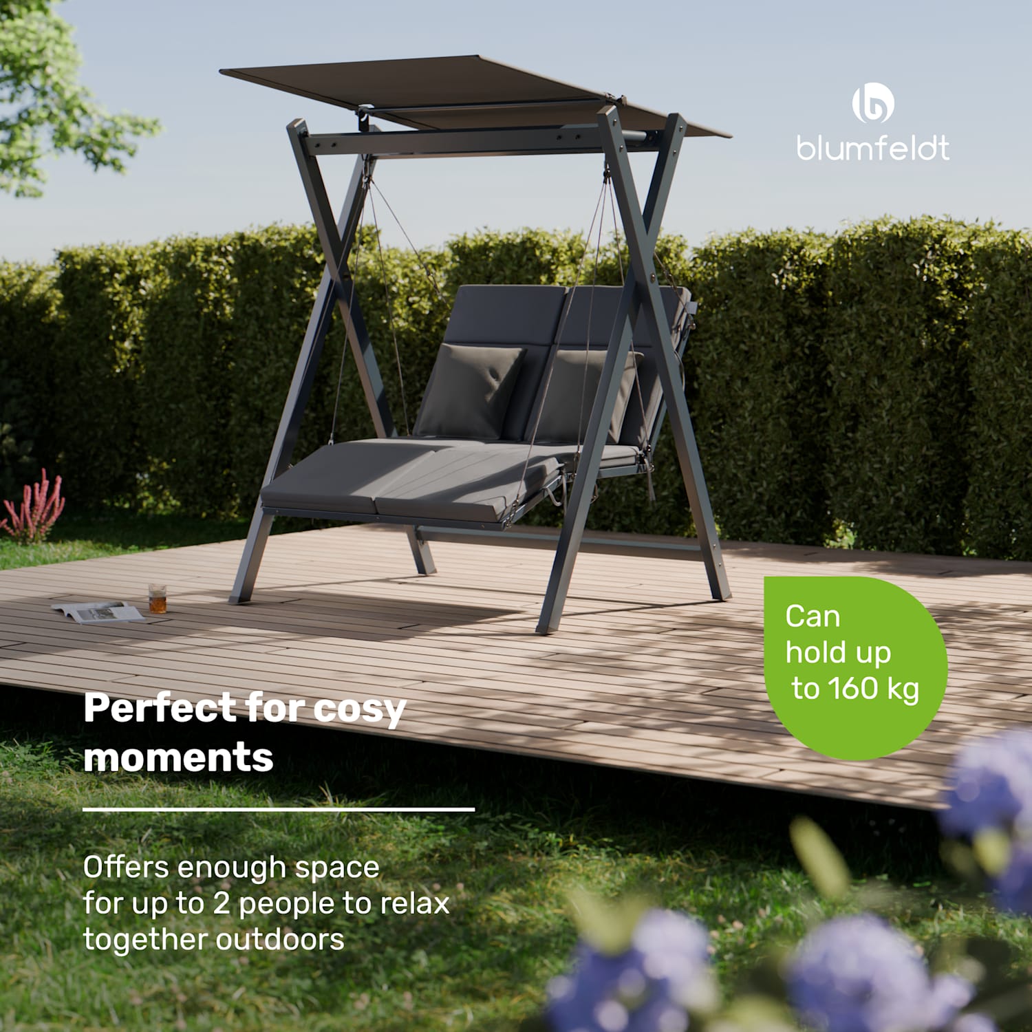 FlexiSwing swing bench 2-seater adjustable backrest + sun canopy weatherproof 2 Seater | Anthracite