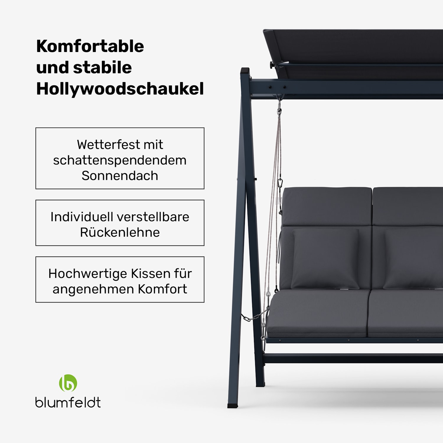 FlexiSwing Hollywoodschaukel 3- Sitzer verstellbare Rückenlehne + Sonnendach wetterfest 3-Sitzer | Anthrazit