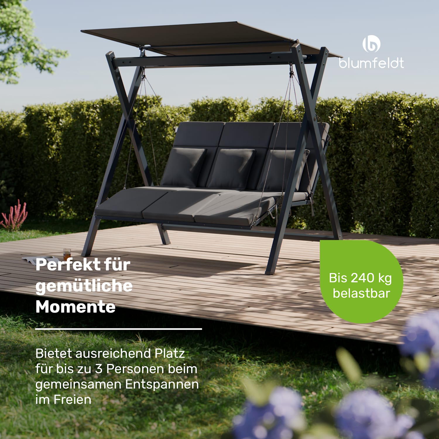 FlexiSwing Hollywoodschaukel 3- Sitzer verstellbare Rückenlehne + Sonnendach wetterfest 3-Sitzer | Anthrazit