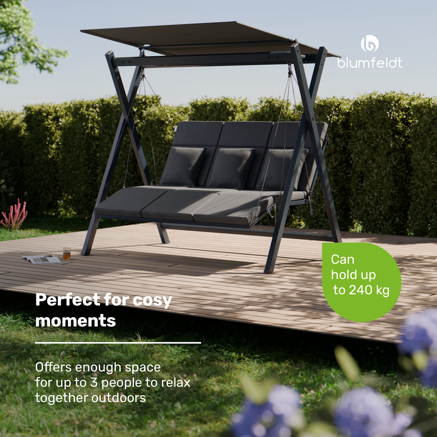 FlexiSwing Hollywoodschommel 3-zits verstelbare rugleuning + zonneluifel weerbestendig 3-zits | Antraciet