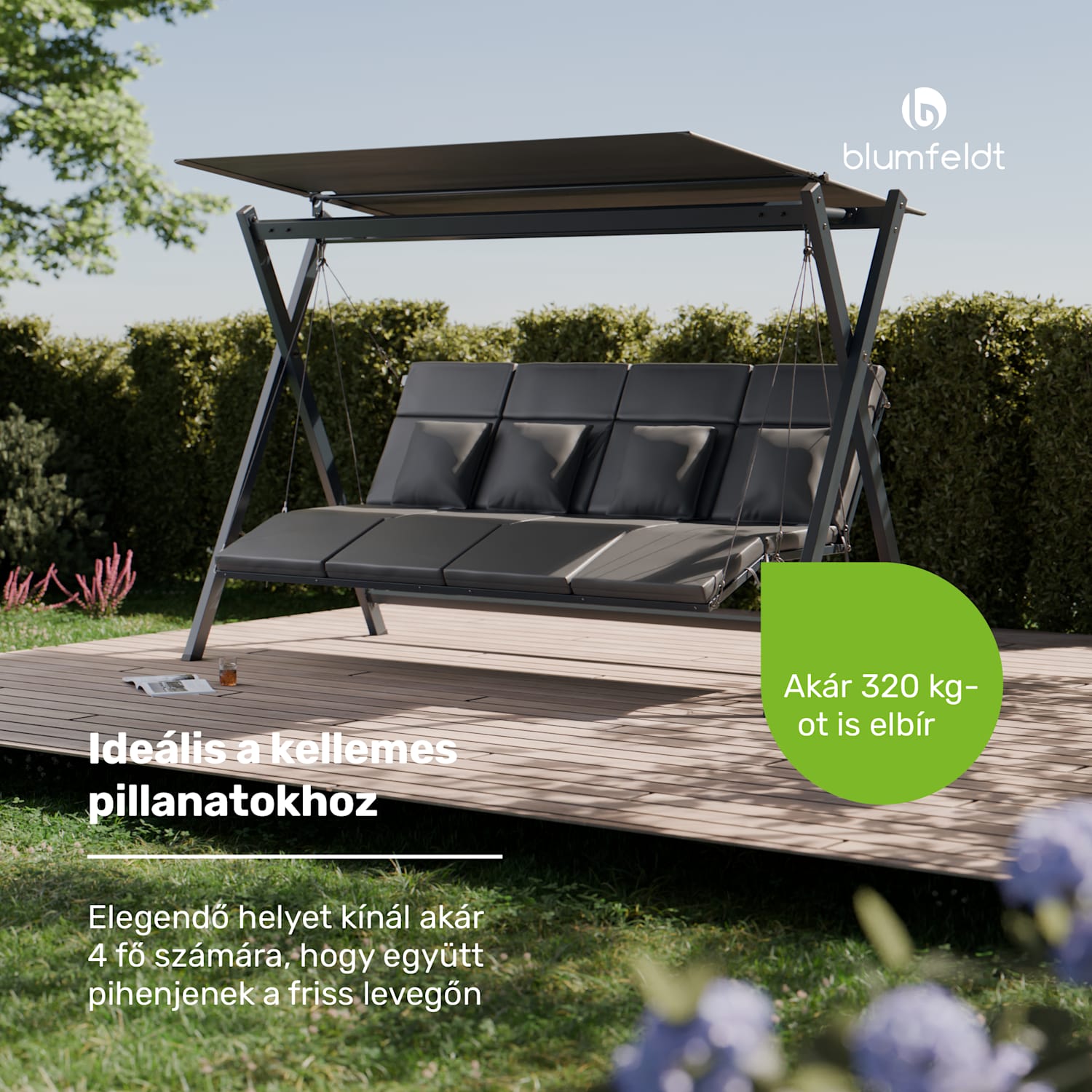 FlexiSwing, hollywoodi hinta, 4 üléses, állítható háttámla, napellenző, időjárásálló 4 üléses | Antracit