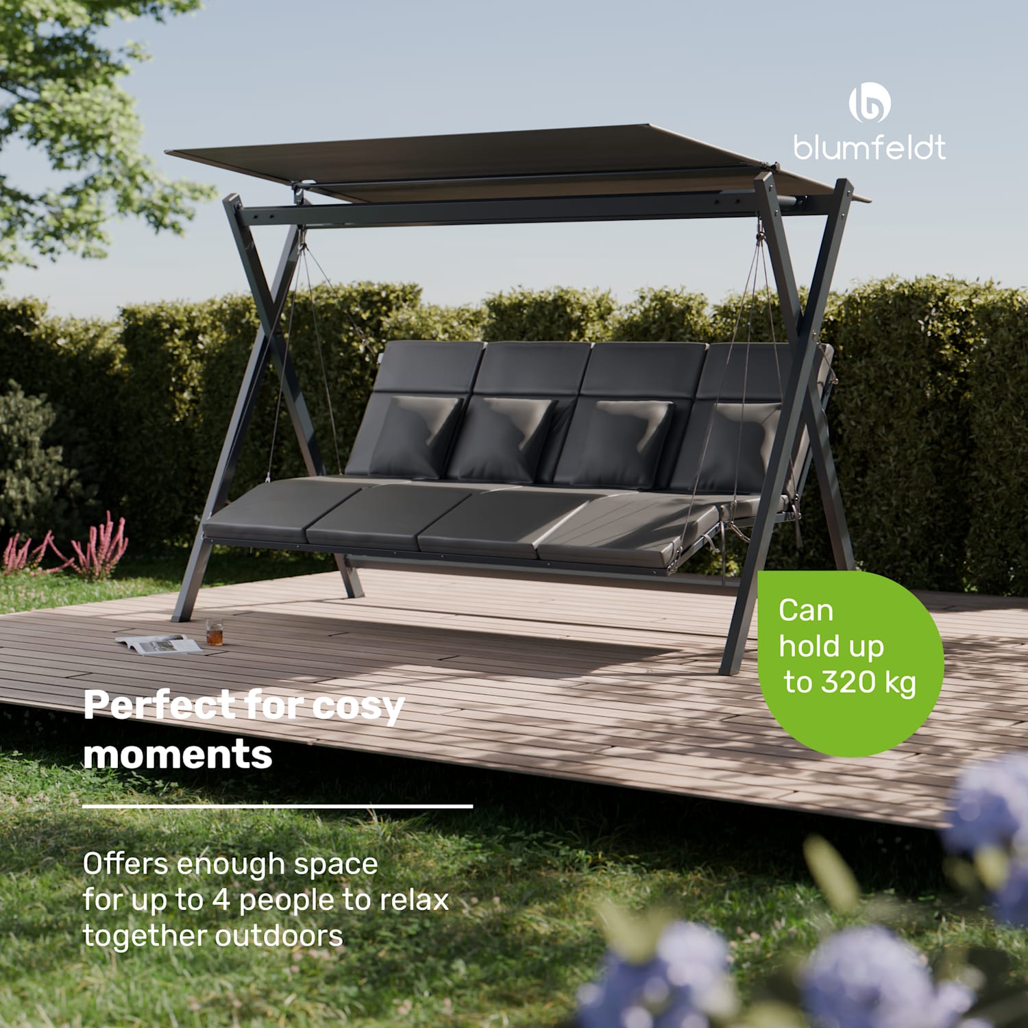 FlexiSwing swing bench 4-seater adjustable backrest + sun canopy weatherproof 4 Seater | Anthracite