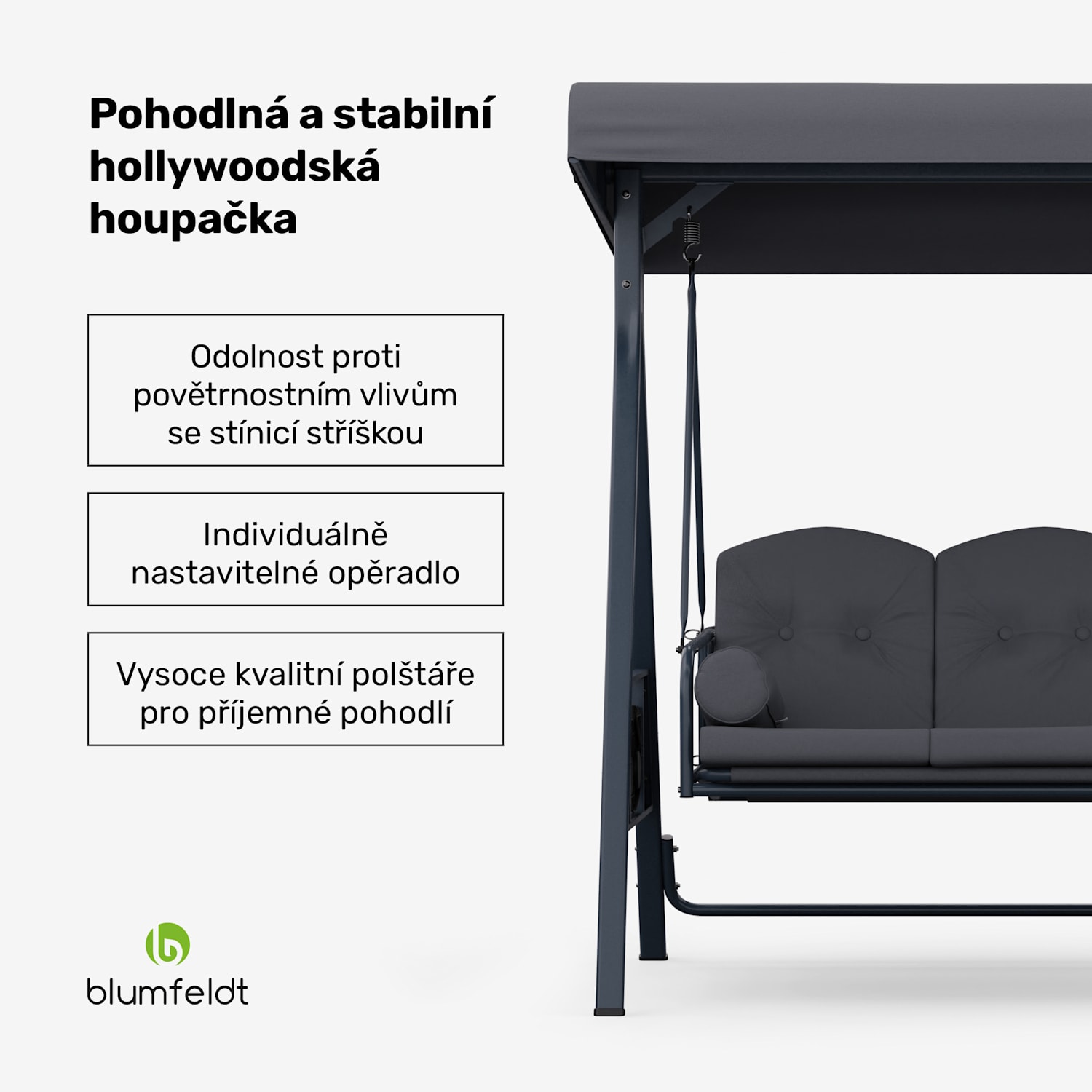 GranSway, hollywoodská houpačka, 3místná, individuálně nastavitelná, práškově lakovaná ocel, odolná proti povětrnostním vlivům Antracit