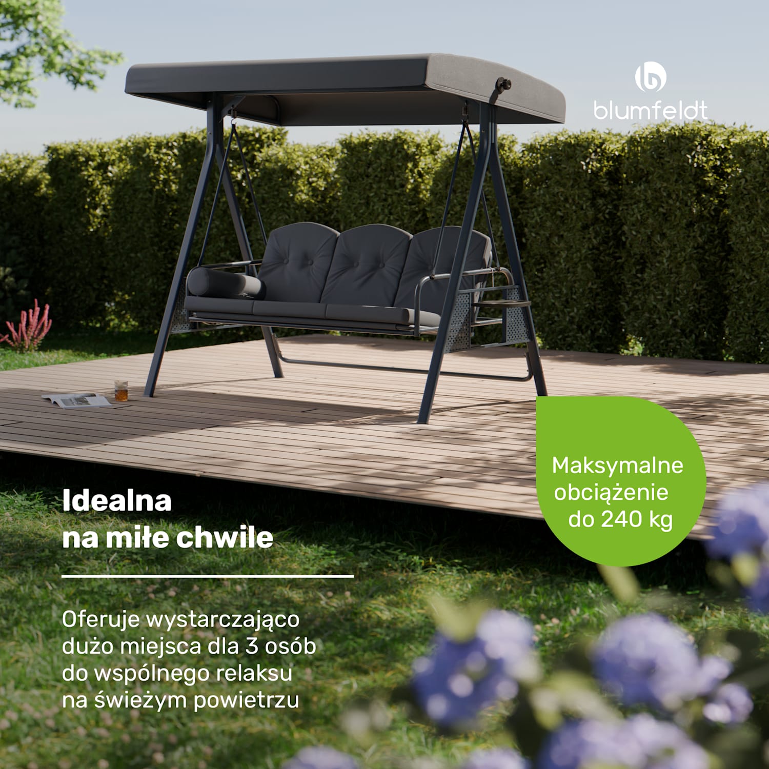 GranSway, huśtawka ogrodowa Hollywood, 3-osobowa, regulowana indywidualnie, stal malowana proszkowo, odporna na warunki atmosferyczne Antracyt