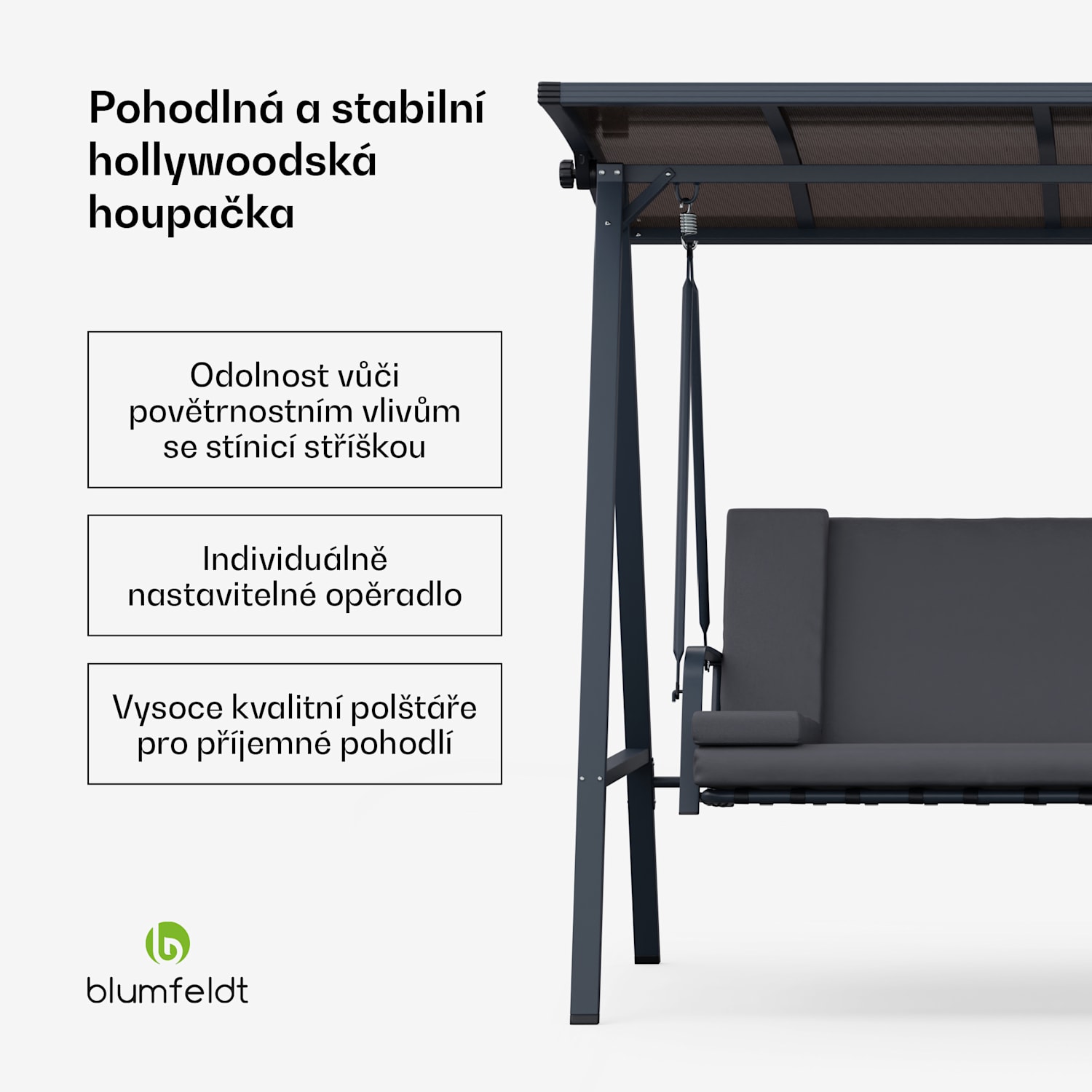 LuxeLounge, hollywoodská houpačka, 3místná, individuálně nastavitelná, práškově lakovaná ocel, odolná proti povětrnostním vlivům 