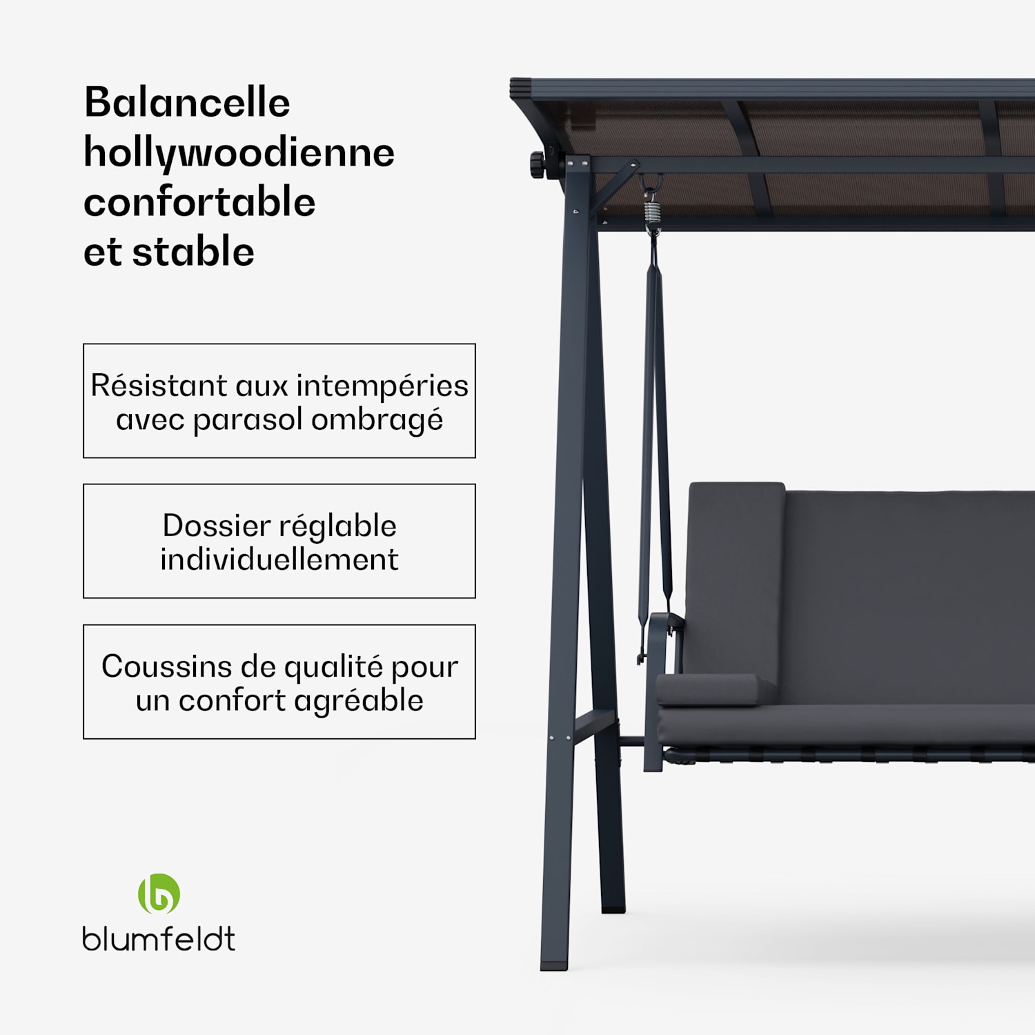 LuxeLounge Balançoire hollywoodienne 3 places réglable individuellement Acier thermolaqué résistant aux intempéries 