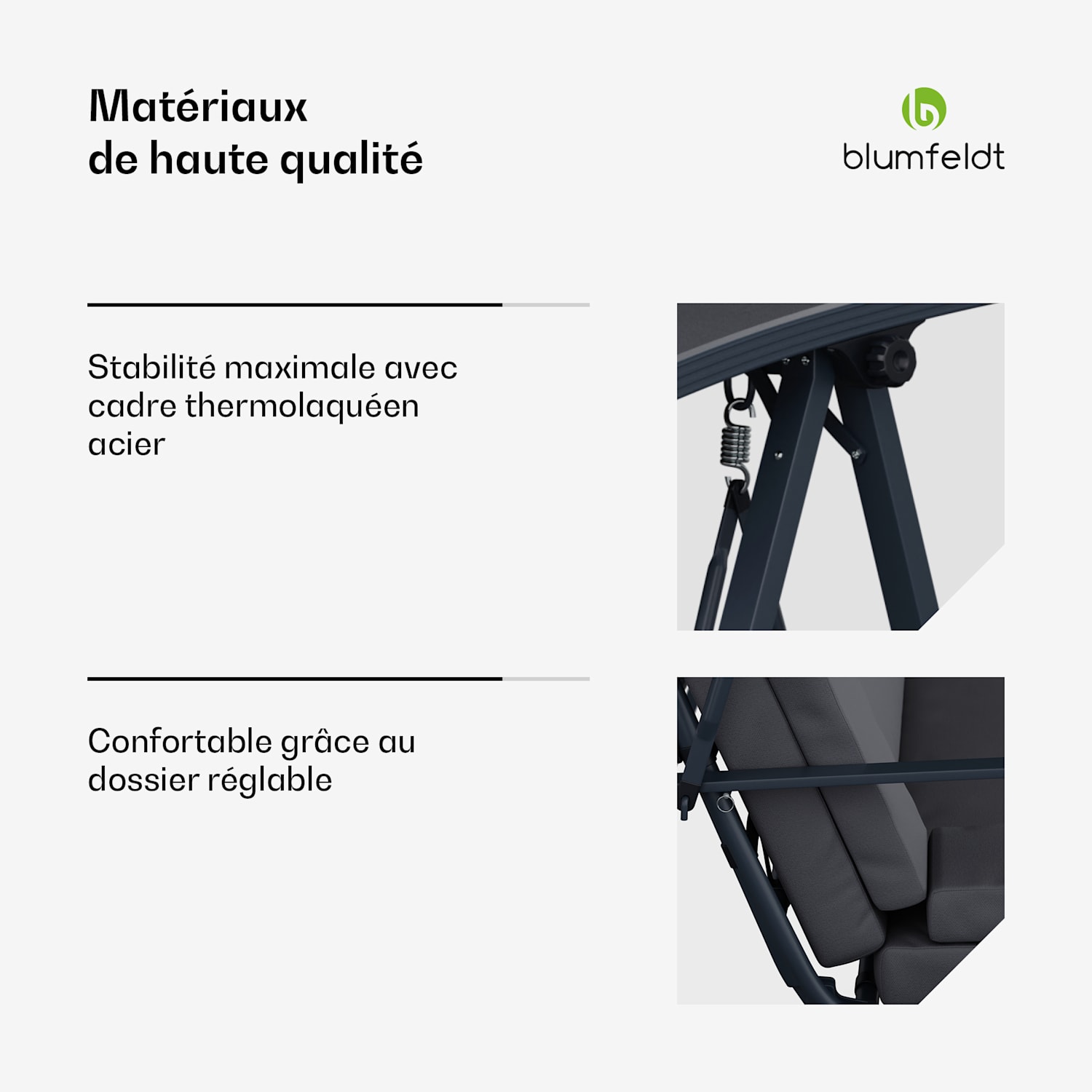 LuxeLounge Balançoire hollywoodienne 3 places réglable individuellement Acier thermolaqué résistant aux intempéries 