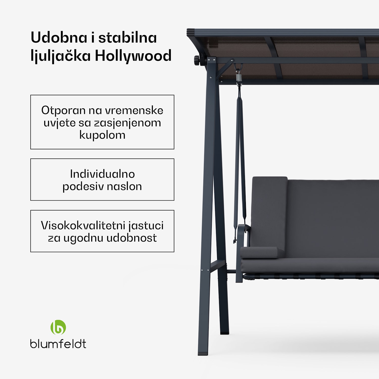 LuxeLounge Hollywood ljuljačka s 3 sjedala, individualno podesiva, otporna na vremenske uvjete, čelik obložen prahom 