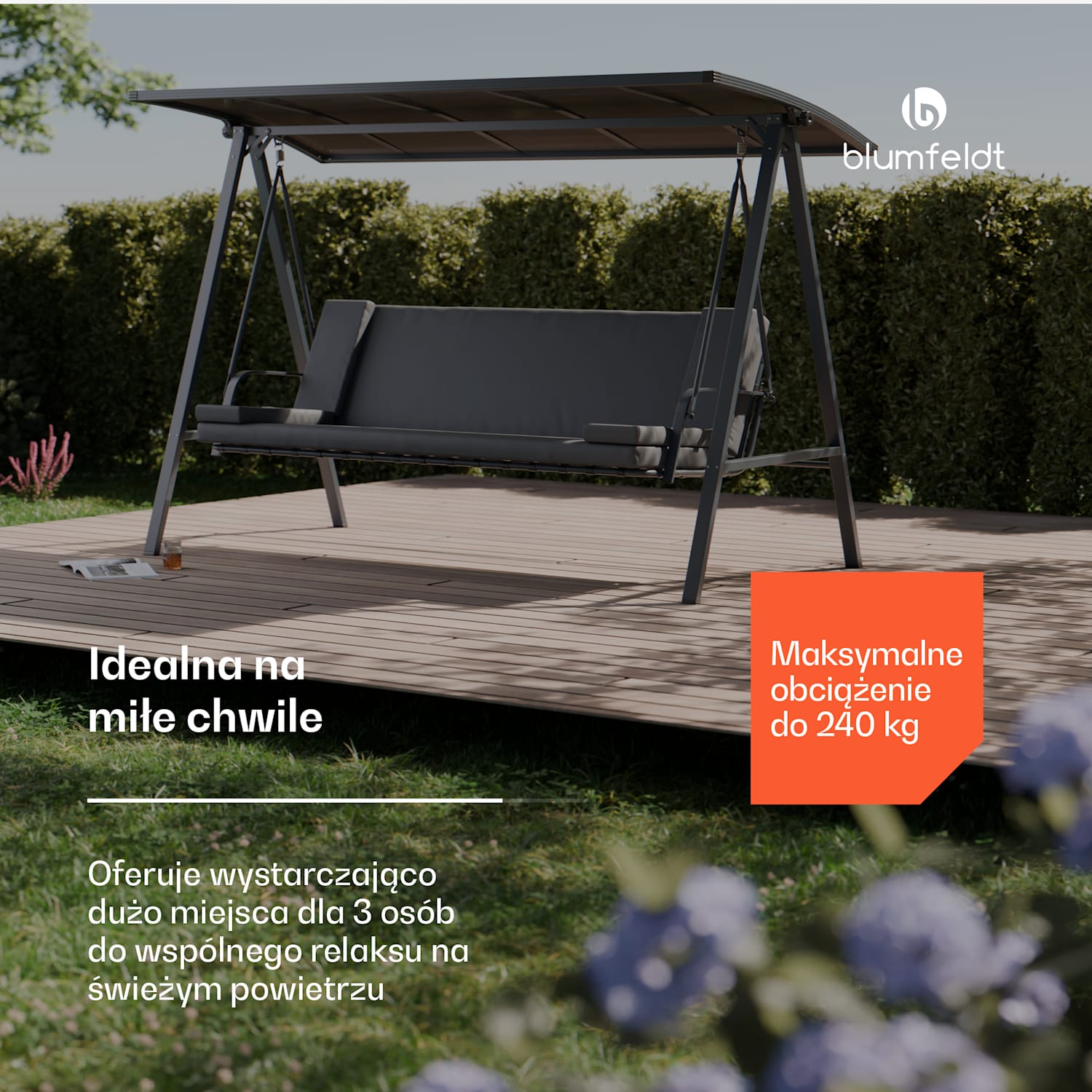 LuxeLounge, huśtawka ogrodowa Hollywood, 3-osobowa, regulowana indywidualnie, stal malowana proszkowo, odporna na warunki atmosferyczne 