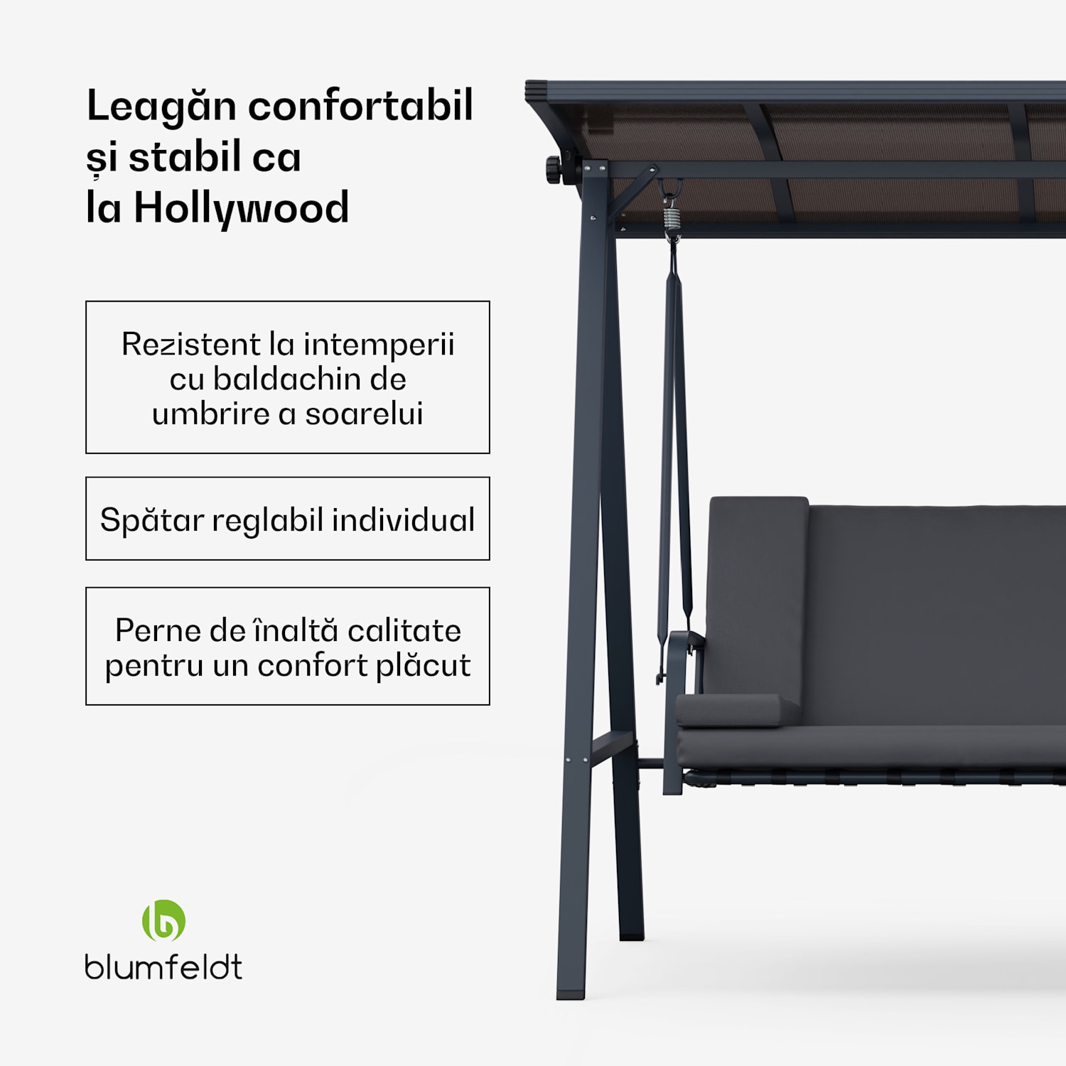 LuxeLounge, leagăn în stil Hollywood, cu 3 locuri, reglabil individual, oțel acoperit cu pulbere, rezistent la intemperii 