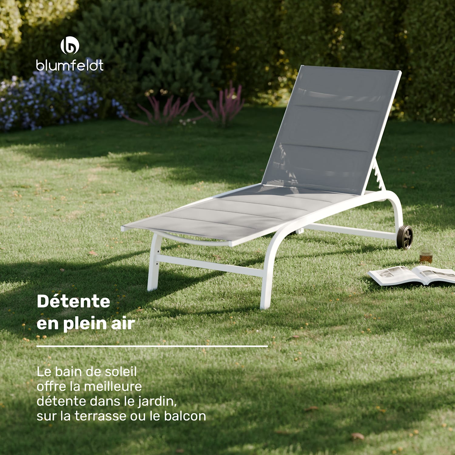 Lounger Limala XXL Bain de soleil 160 kg de capacité de charge Dossier réglable en 5 positions Roulettes 