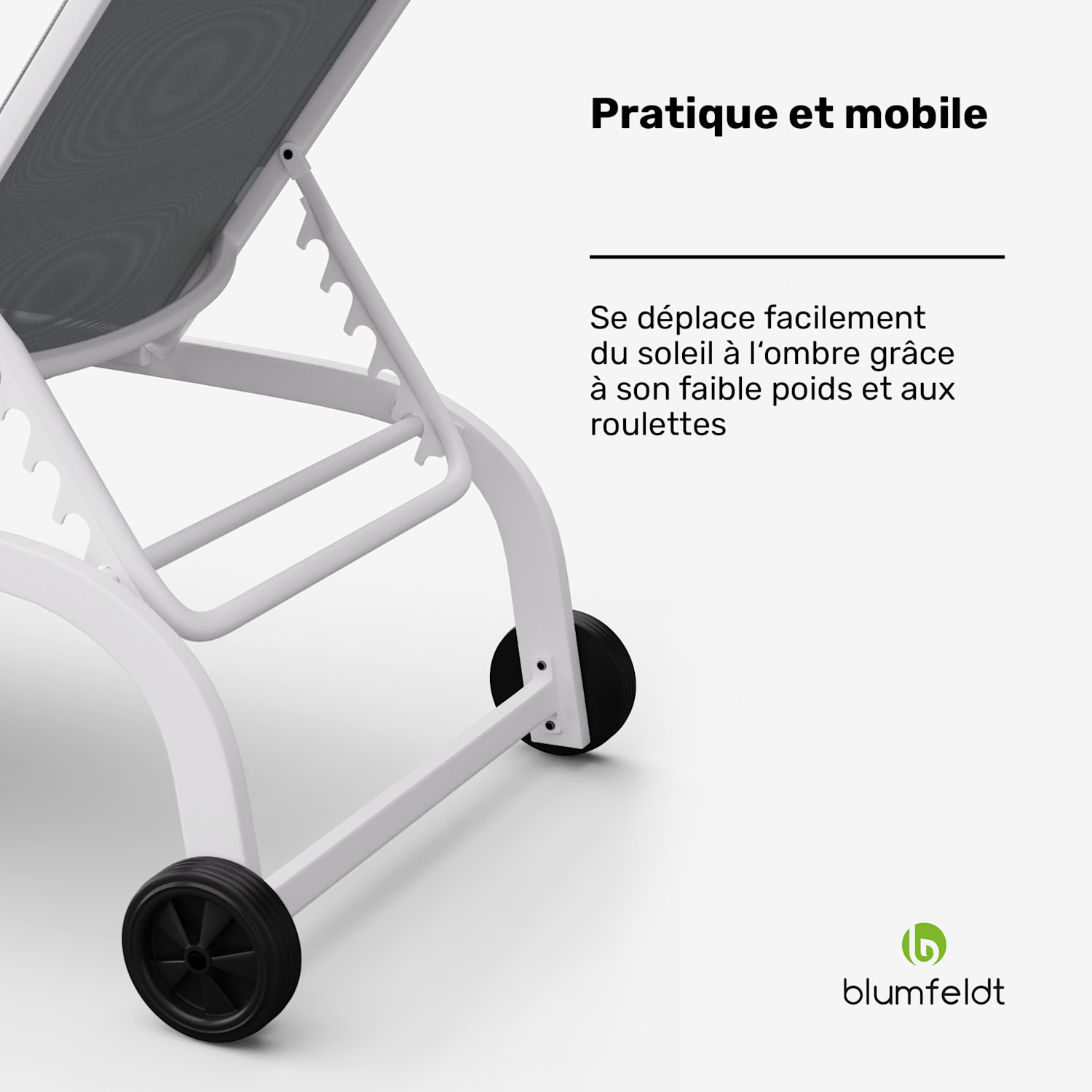 Lounger Limala XXL Bain de soleil 160 kg de capacité de charge Dossier réglable en 5 positions Roulettes 