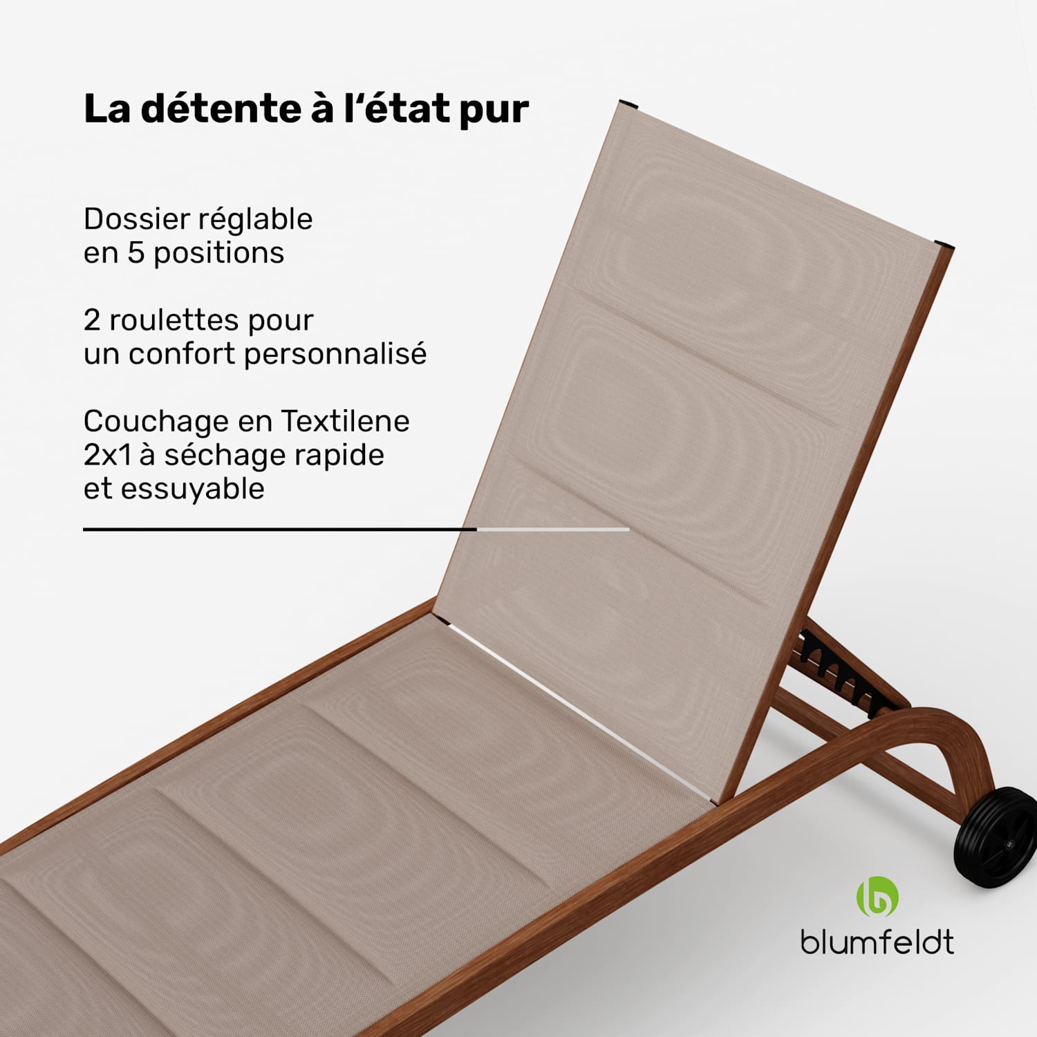 Lounger Limala Bain de soleil 160 kg de capacité de charge Dossier réglable en 5 positions Roulettes Beige