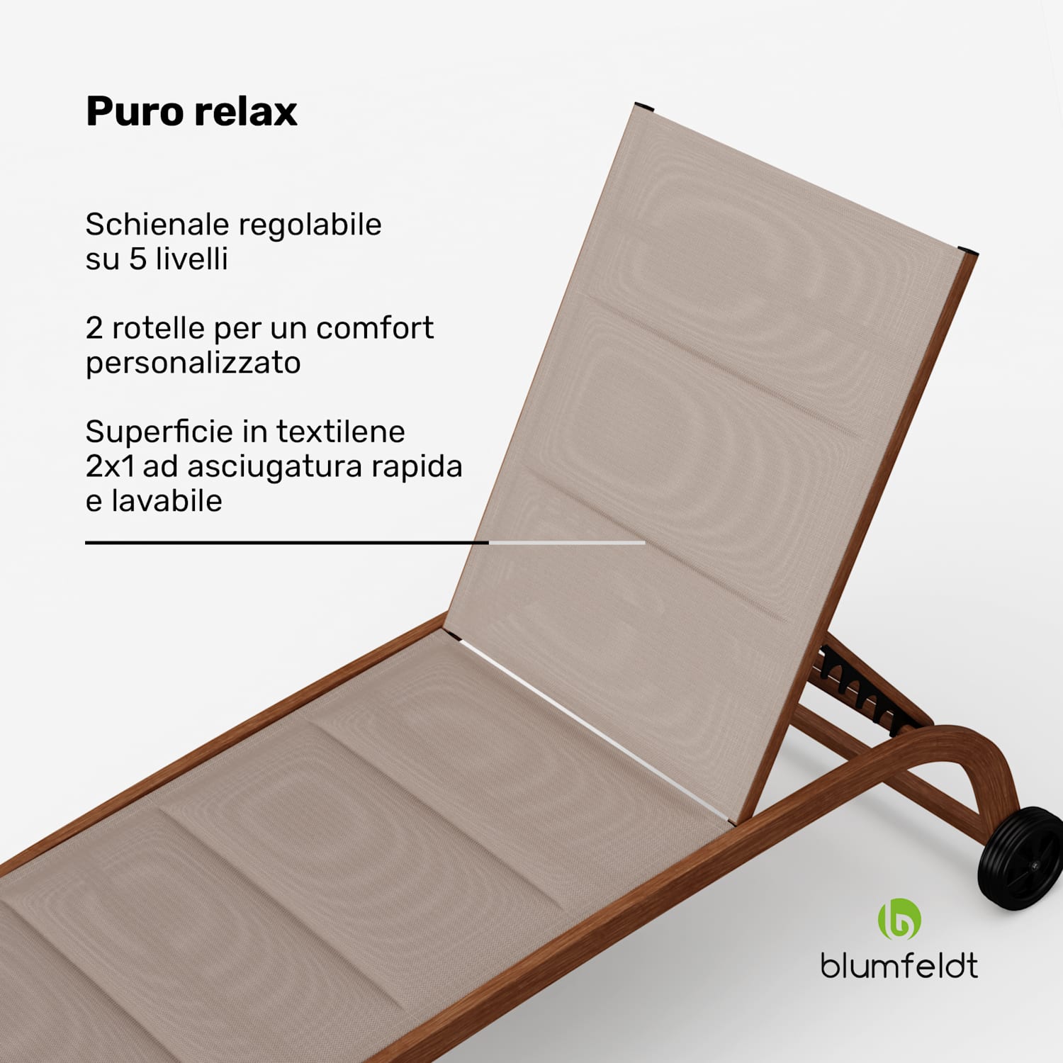Lounger Limala - Sedia a sdraio, capacità di carico di 160 kg, schienale regolabile su 5 livelli, ruote Beige
