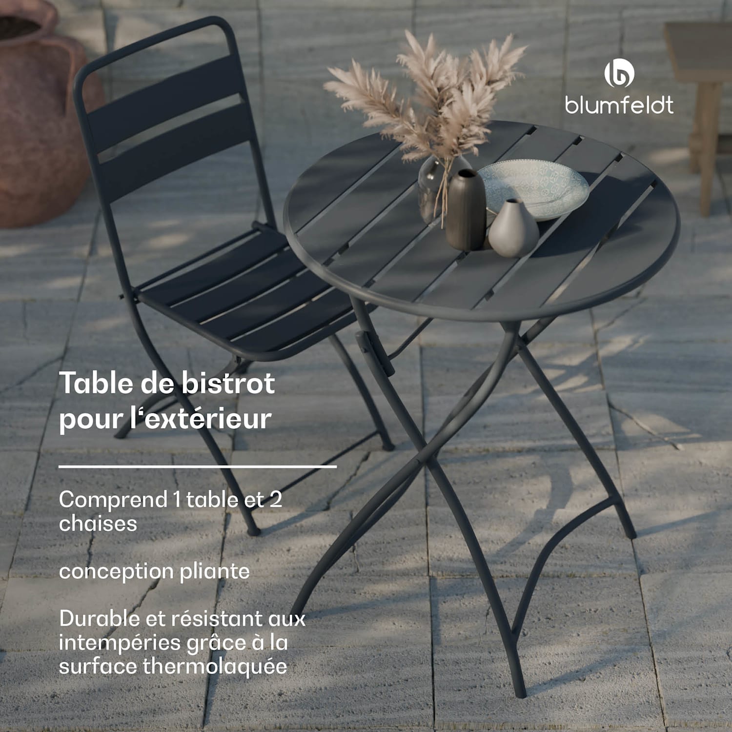 Set de jardin RetroChic | 1 table + 2 chaises | 60 cm | pliante | thermolaquée | résistant aux intempéries 