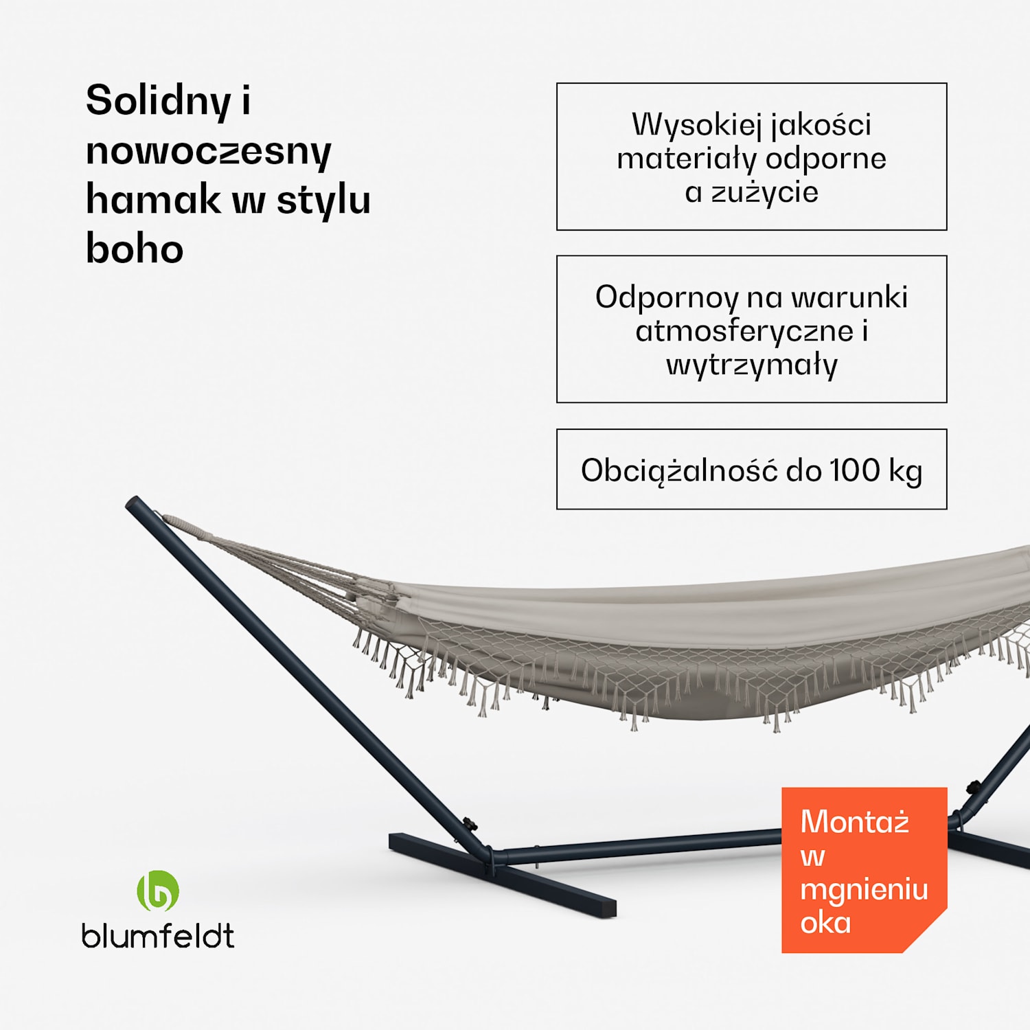 SwayStation Boho hamak, 400 x 116 cm, odporny na warunki atmosferyczne, odporny na korozję 400 cm | Kremowy